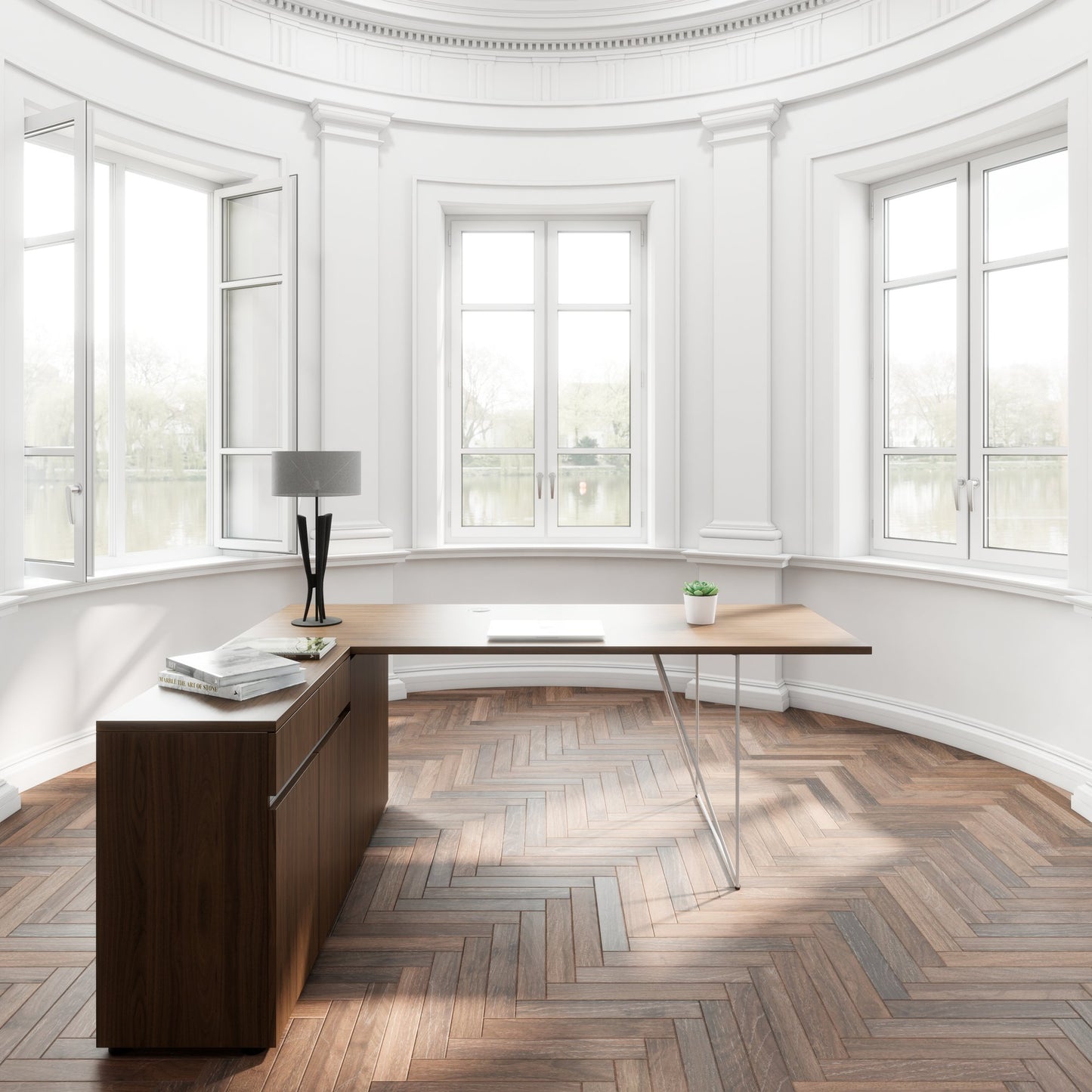 AIR Scrivania | 1600 - 2000 mm, sideboard elettrificata, integrata, noce