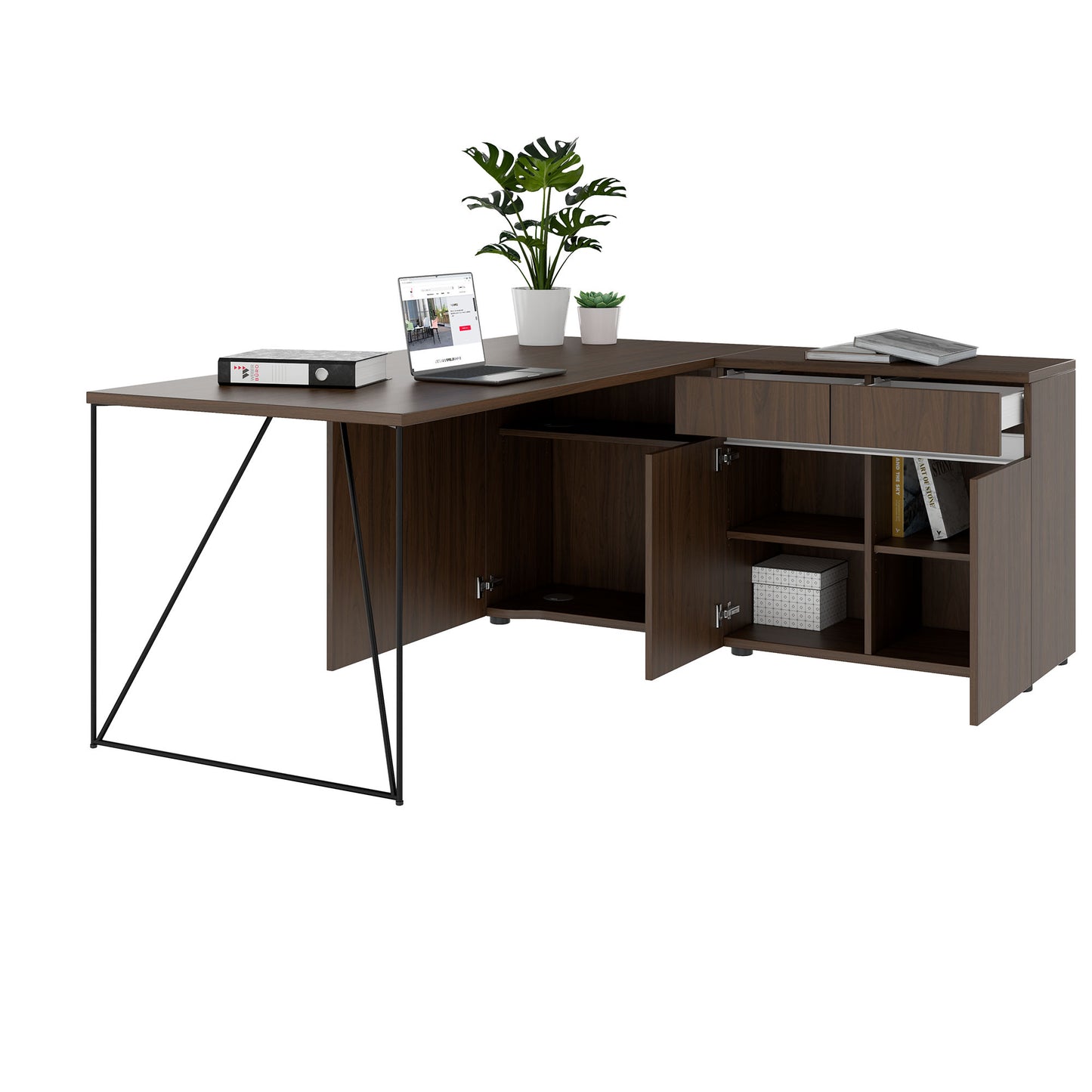 Bureau AIR | 1600 - 2000 mm, électrifié, buffet intégré, noyer