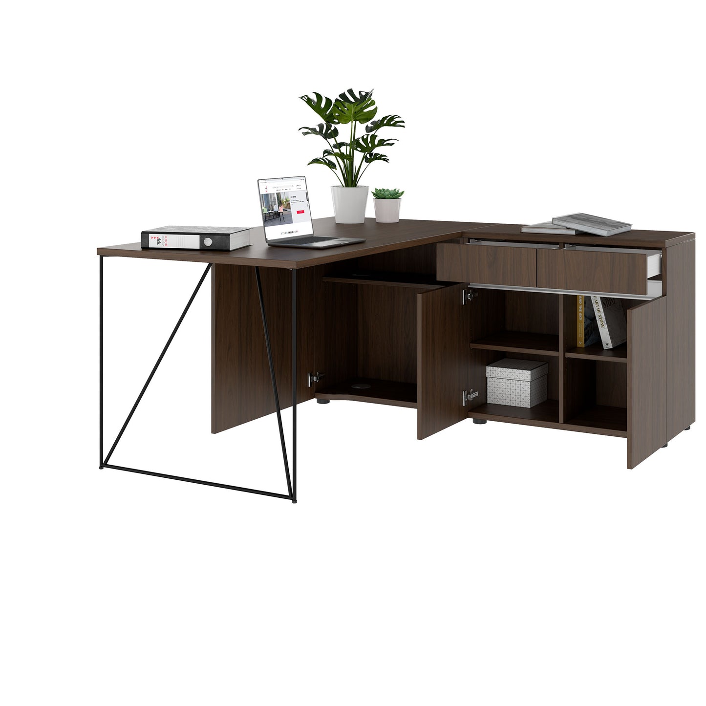 Bureau AIR | 1600 - 2000 mm, électrifié, buffet intégré, noyer