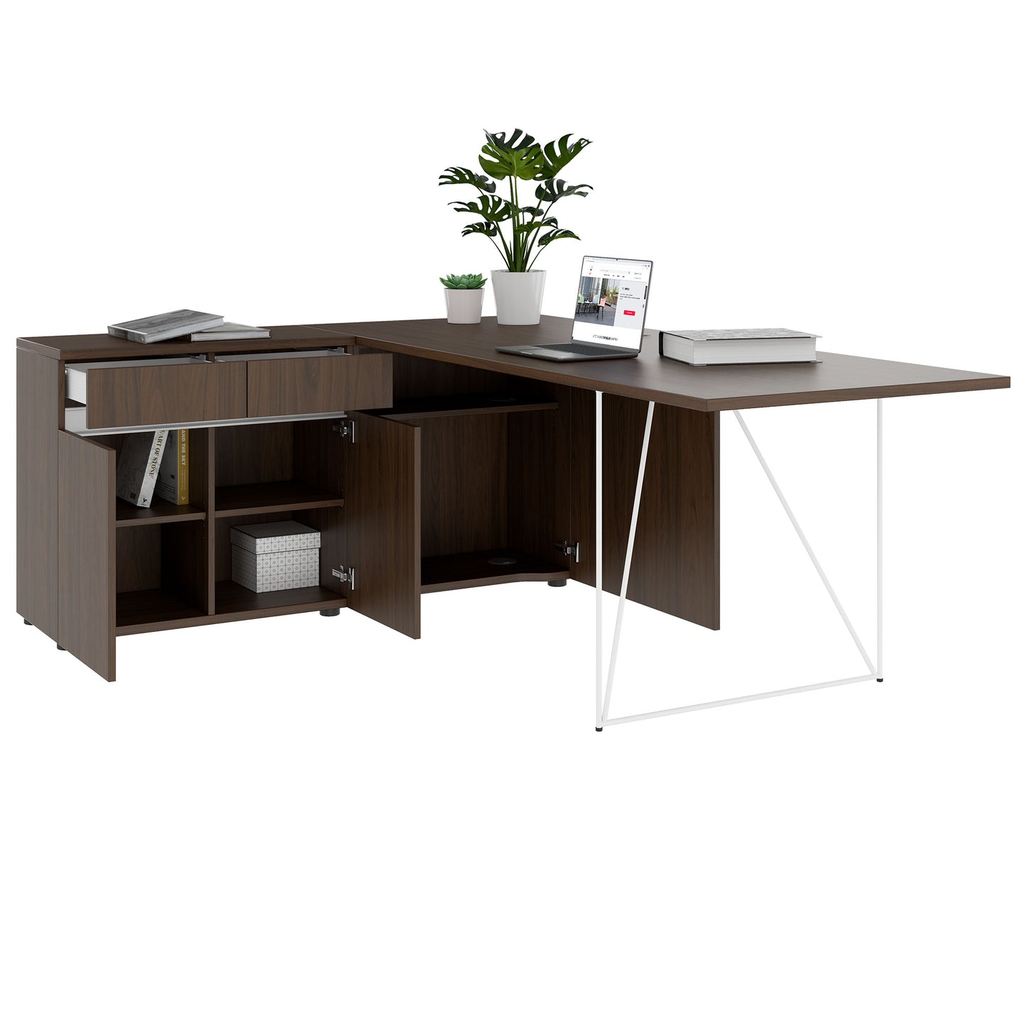 Bureau AIR | 1600 - 2000 mm, électrifié, buffet intégré, noyer