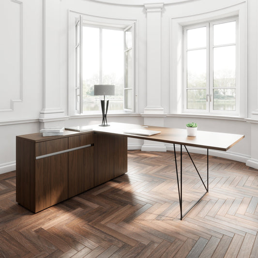 AIR desk | 1600 - 2000 mm, electrified, integrated sideboard, walnut