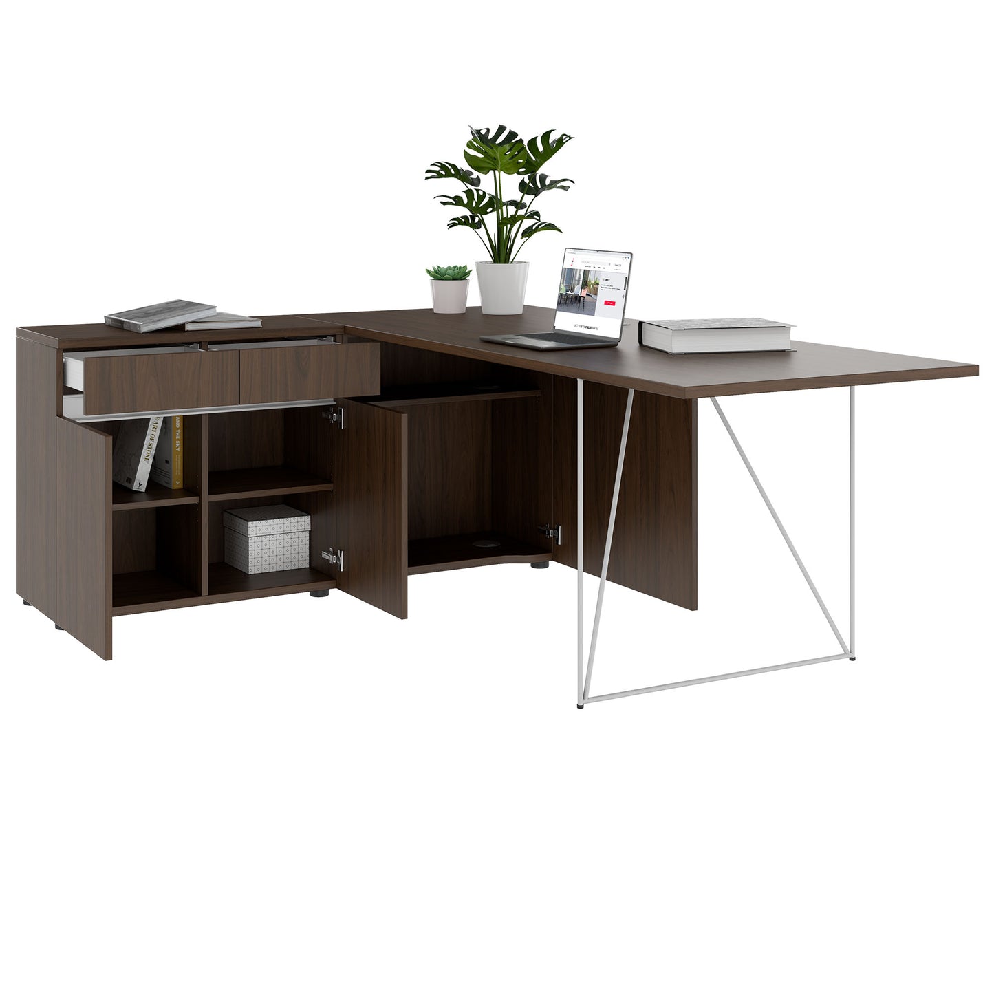 Bureau AIR | 1600 - 2000 mm, électrifié, buffet intégré, noyer