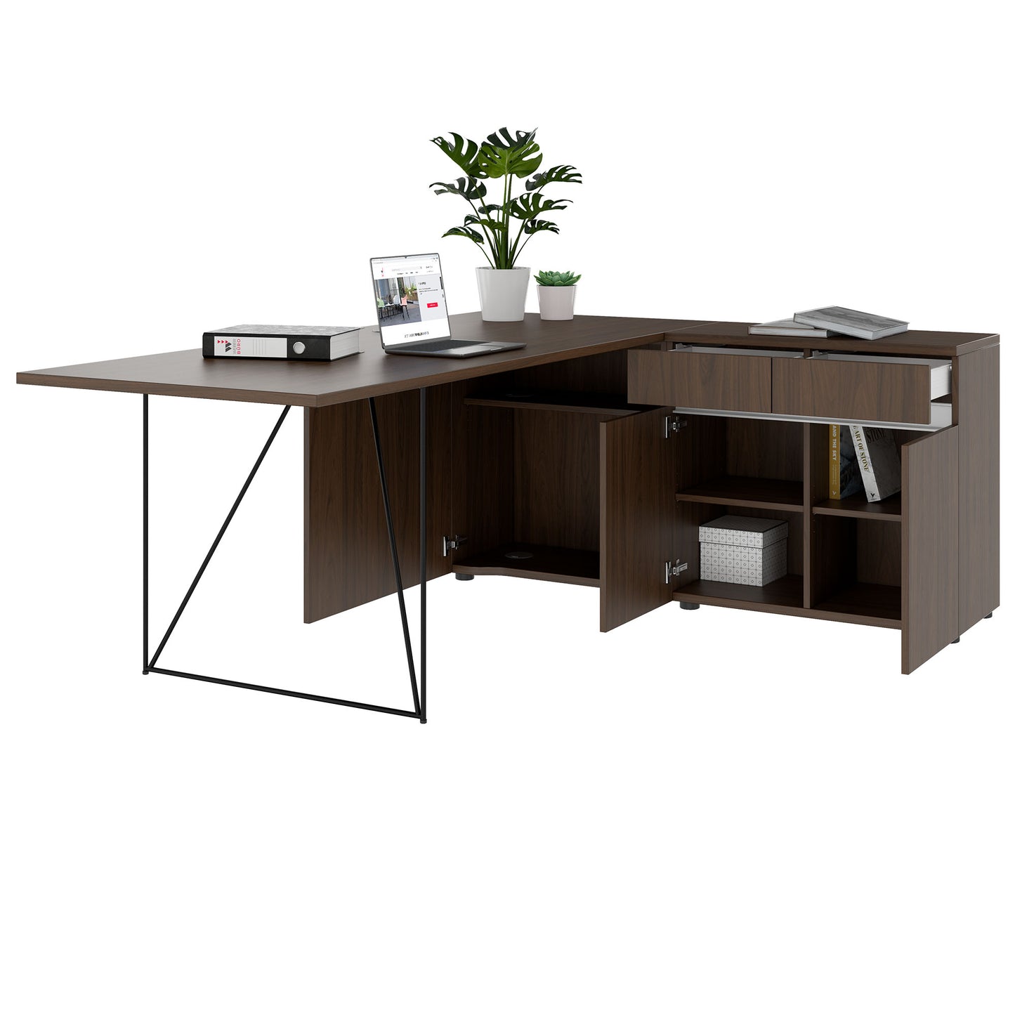 Bureau AIR | 1600 - 2000 mm, électrifié, buffet intégré, noyer