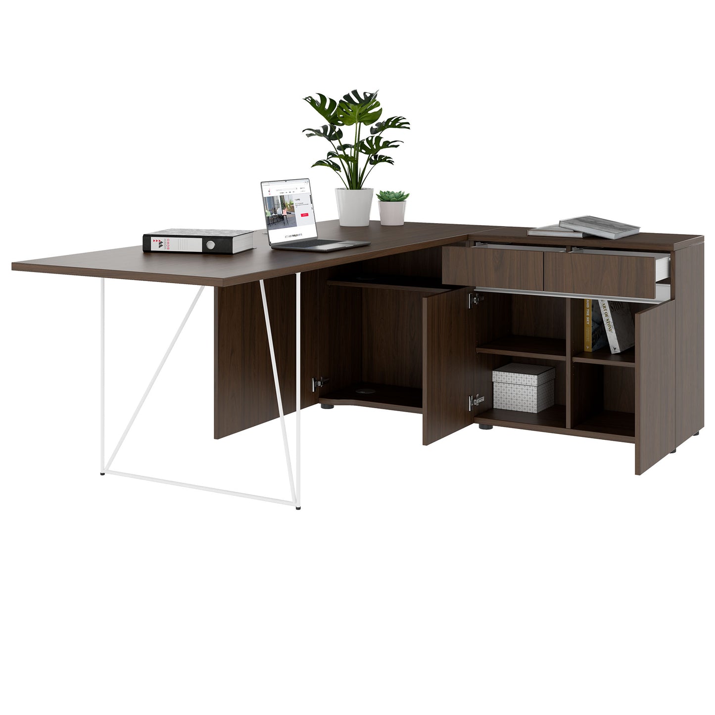 Bureau AIR | 1600 - 2000 mm, électrifié, buffet intégré, noyer