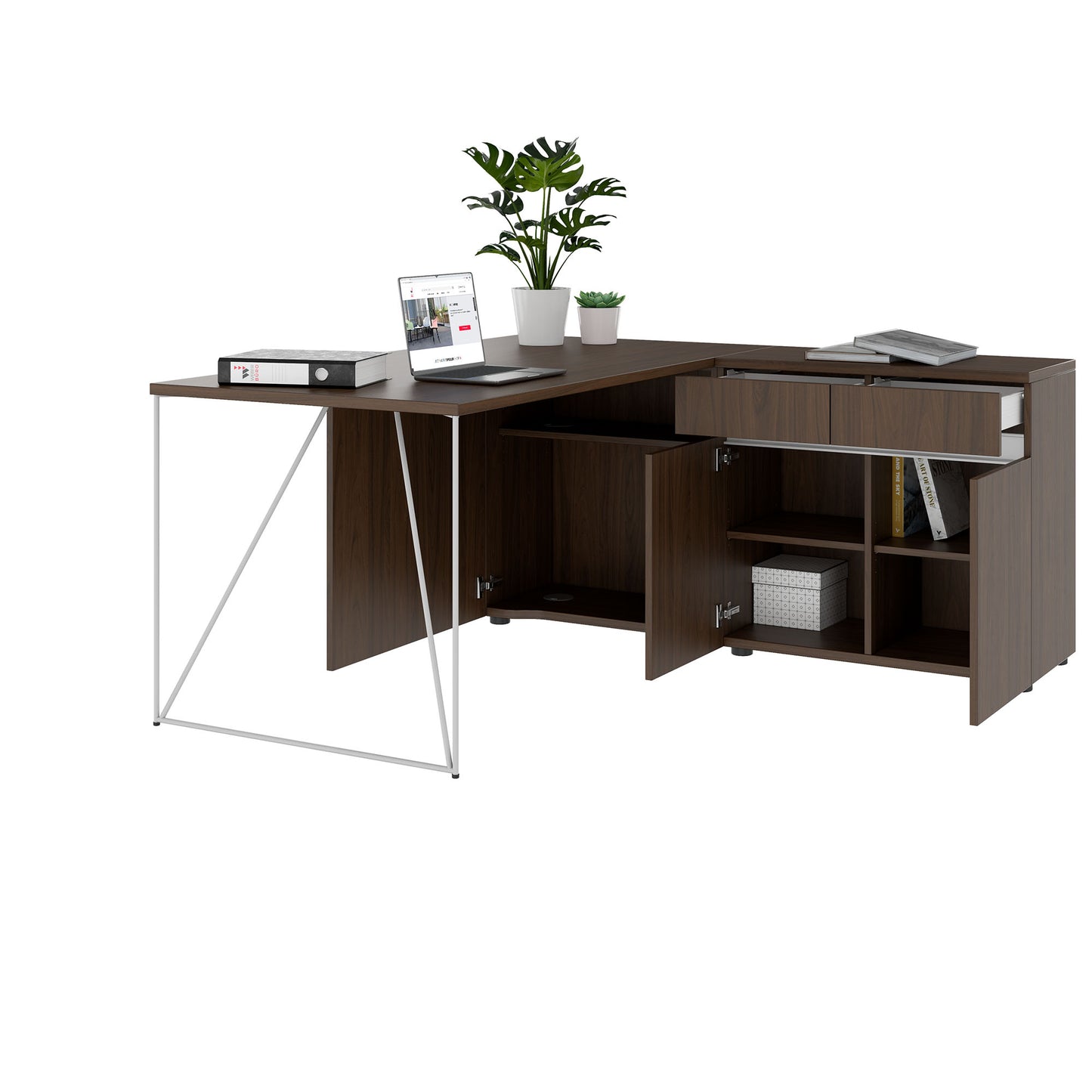 Bureau AIR | 1600 - 2000 mm, électrifié, buffet intégré, noyer