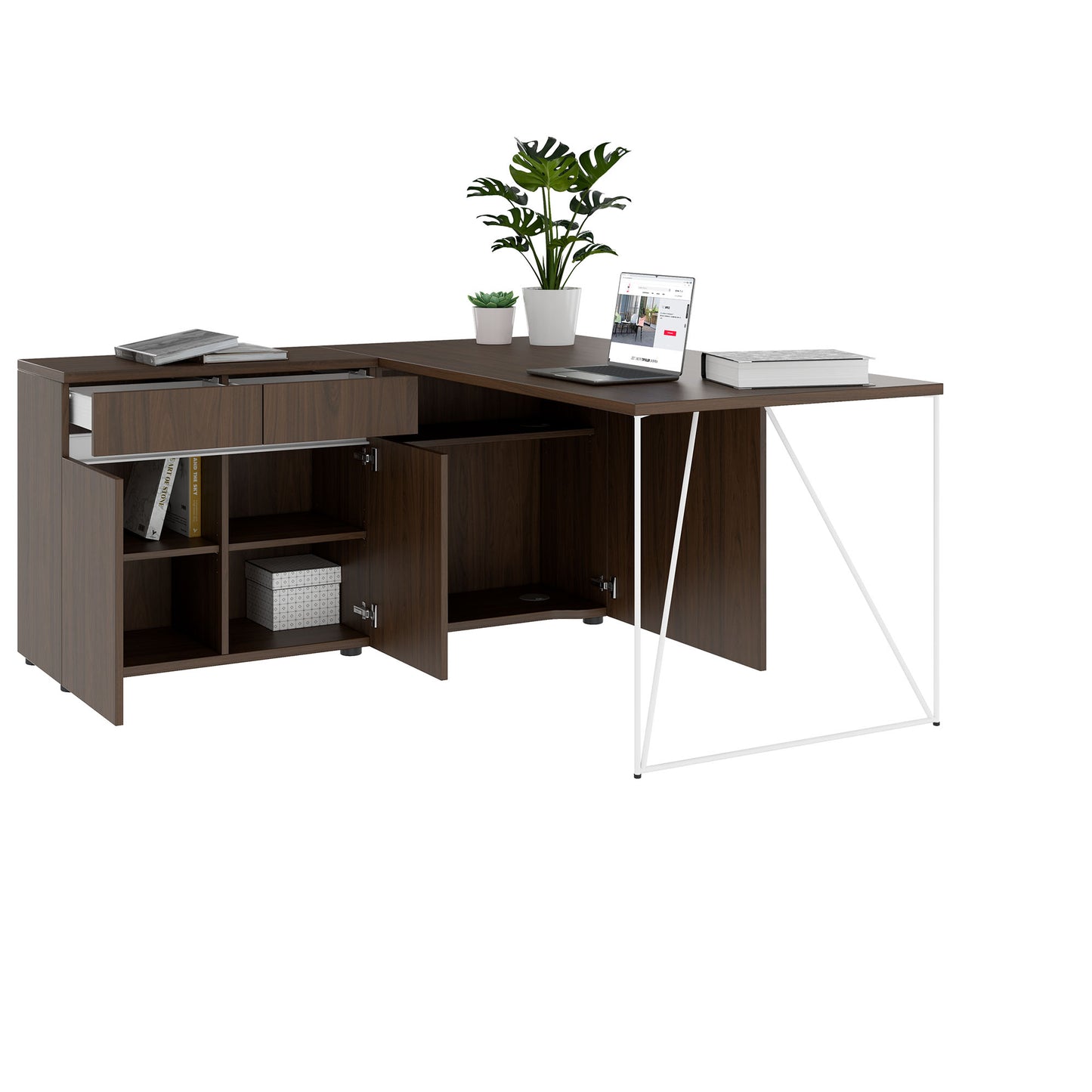 Bureau AIR | 1600 - 2000 mm, électrifié, buffet intégré, noyer