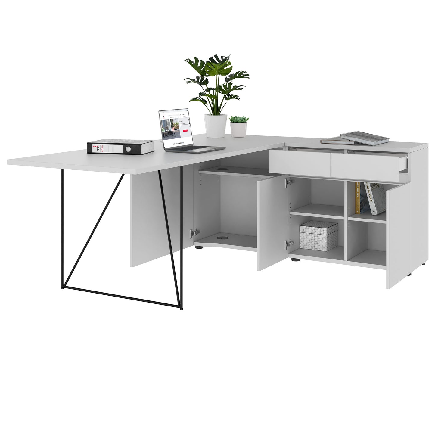 AIR Schreibtisch | 1600 - 2000 mm, elektrifiziert, integriertes Sideboard, Perlgrau