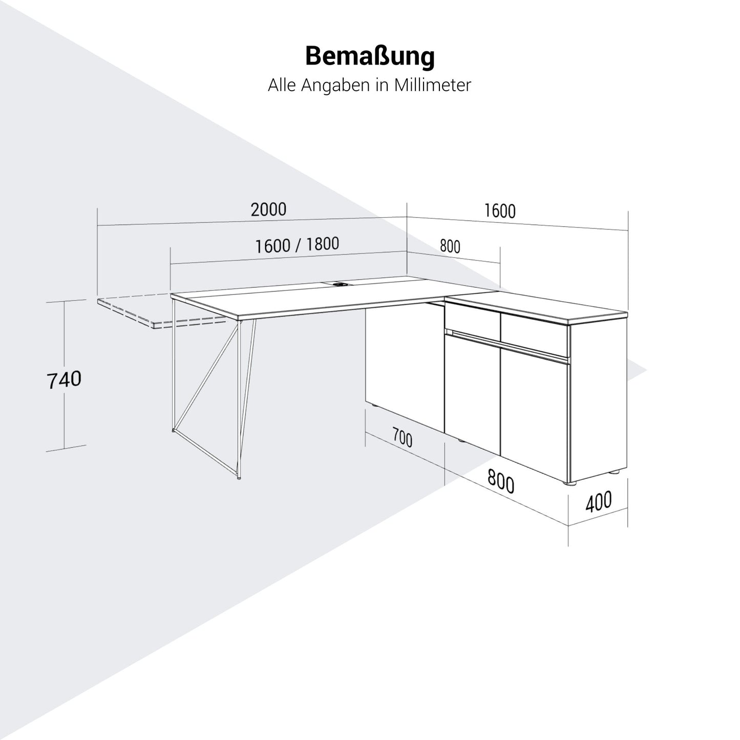 AIR Schreibtisch | 1600 - 2000 mm, elektrifiziert, integriertes Sideboard, Perlgrau