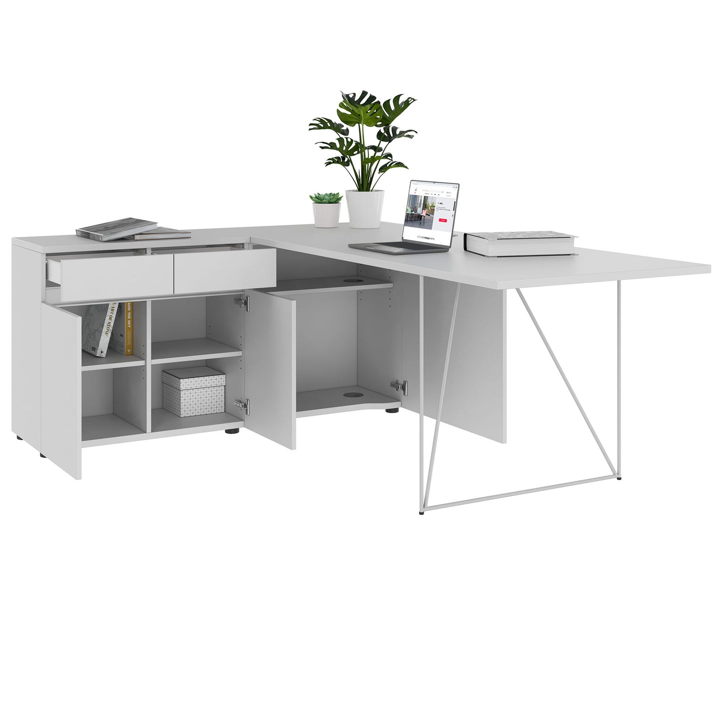 AIR Schreibtisch | 1600 - 2000 mm, elektrifiziert, integriertes Sideboard, Perlgrau