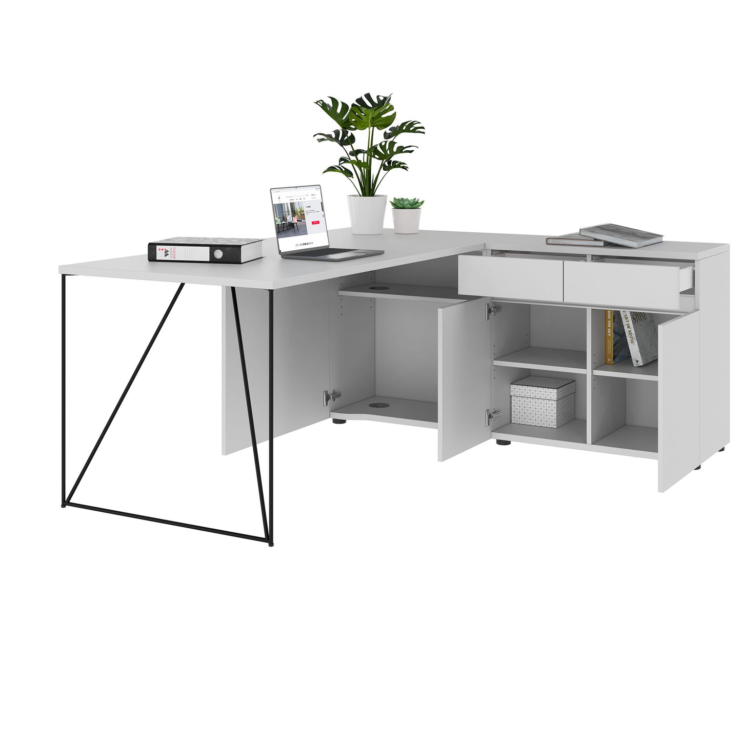 AIR Schreibtisch | 1600 - 2000 mm, elektrifiziert, integriertes Sideboard, Perlgrau