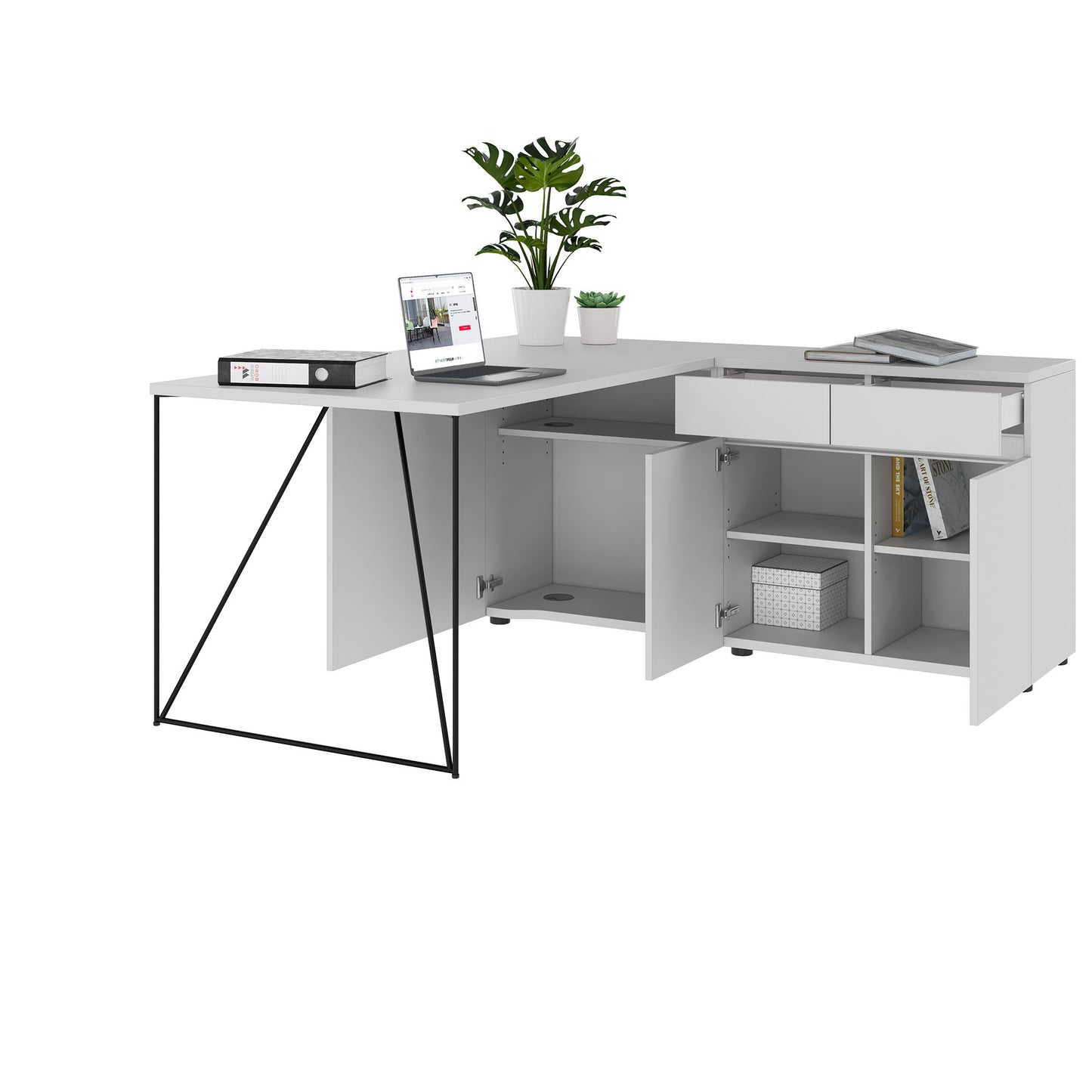 AIR Schreibtisch | 1600 - 2000 mm, elektrifiziert, integriertes Sideboard, Perlgrau