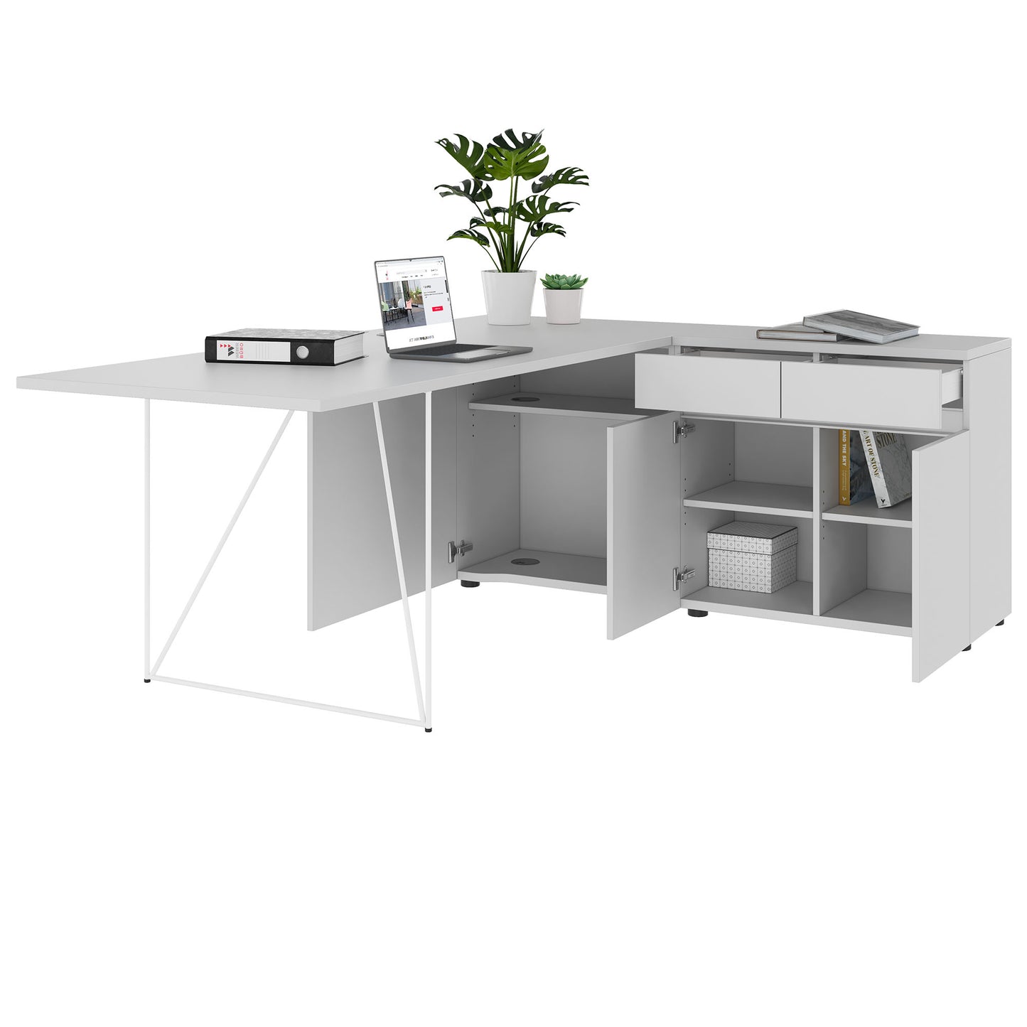 AIR Schreibtisch | 1600 - 2000 mm, elektrifiziert, integriertes Sideboard, Perlgrau