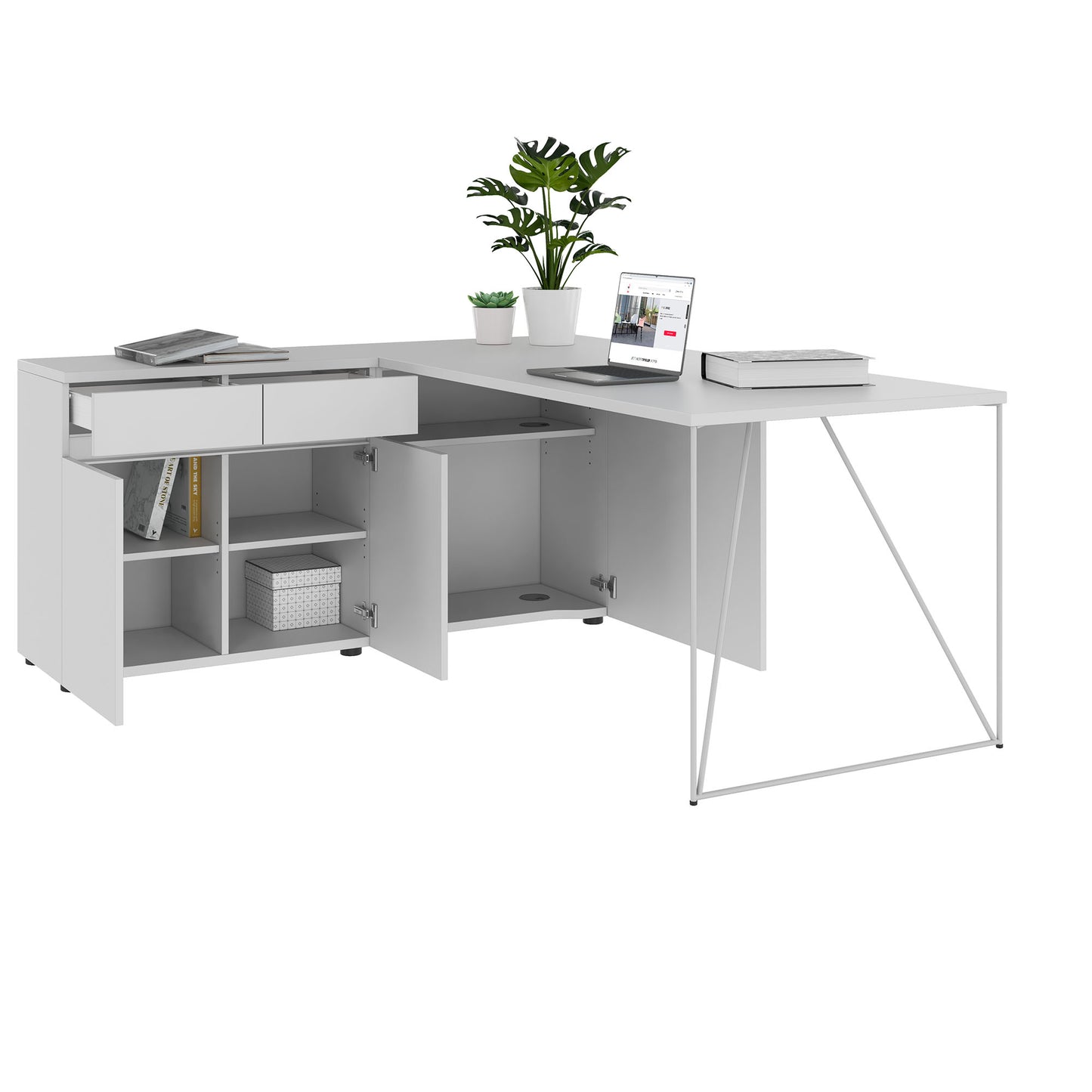 AIR Schreibtisch | 1600 - 2000 mm, elektrifiziert, integriertes Sideboard, Perlgrau