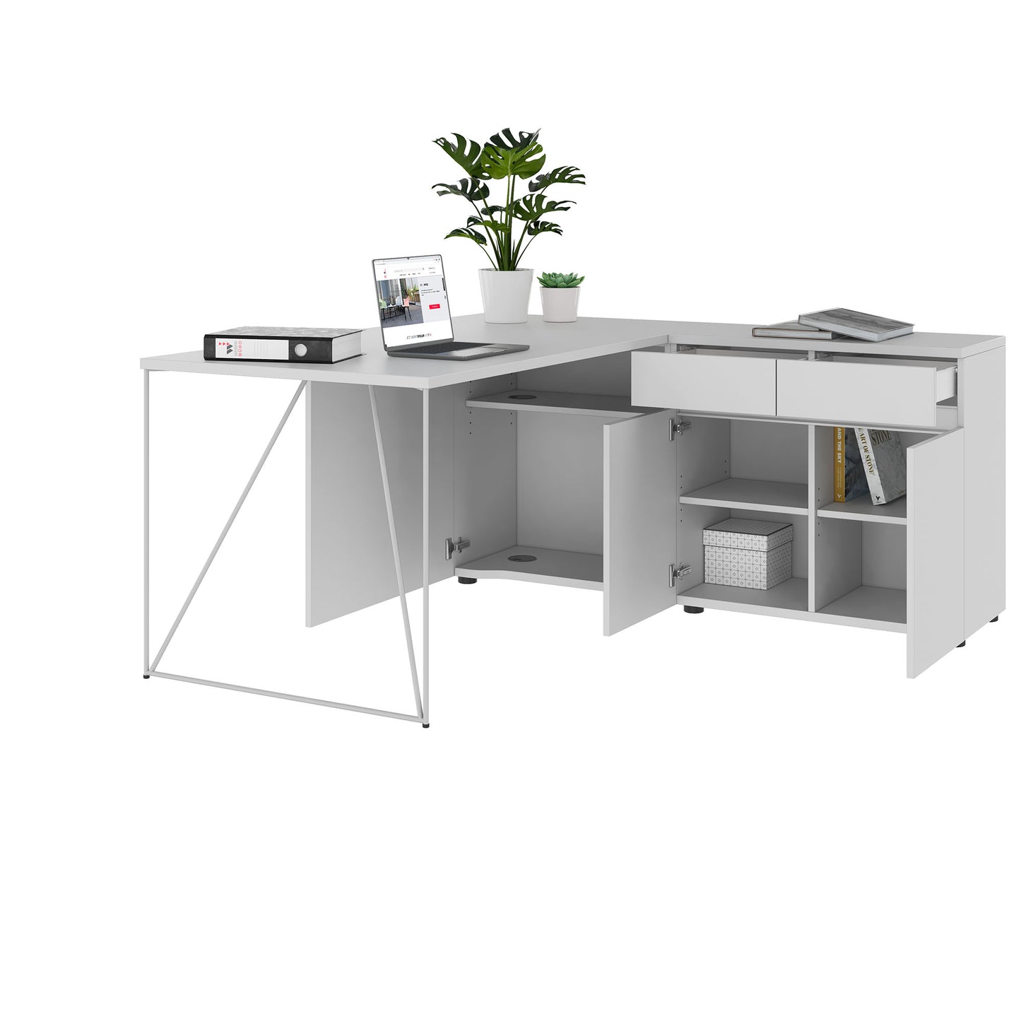 AIR Schreibtisch | 1600 - 2000 mm, elektrifiziert, integriertes Sideboard, Perlgrau