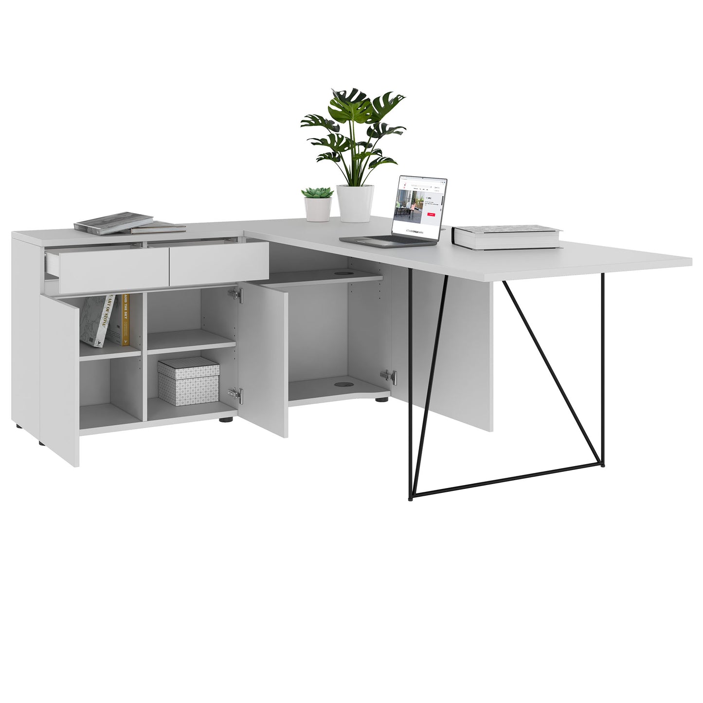 AIR Schreibtisch | 1600 - 2000 mm, elektrifiziert, integriertes Sideboard, Perlgrau