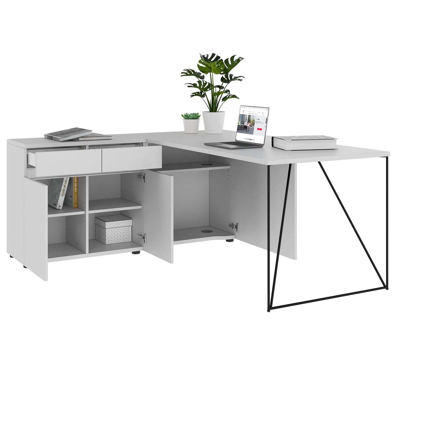 AIR Schreibtisch | 1600 - 2000 mm, elektrifiziert, integriertes Sideboard, Perlgrau