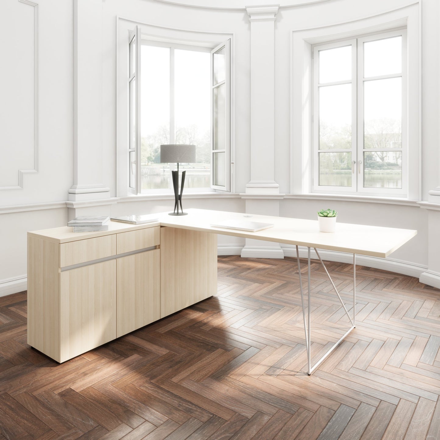AIR Schreibtisch | 1600 - 2000 mm, elektrifiziert, integriertes Sideboard, Sandesche