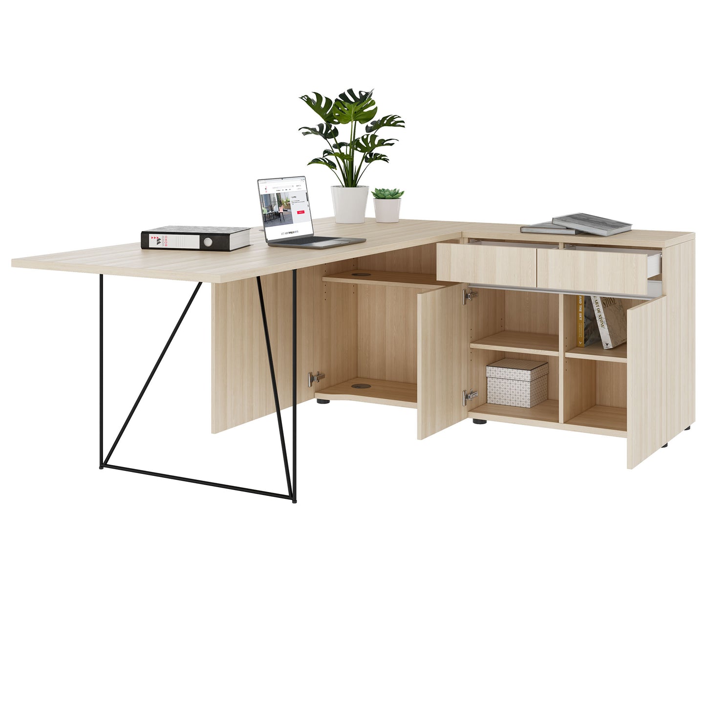 Bureau AIR | 1600 - 2000 mm, électrifié, buffet intégré, frêne sable