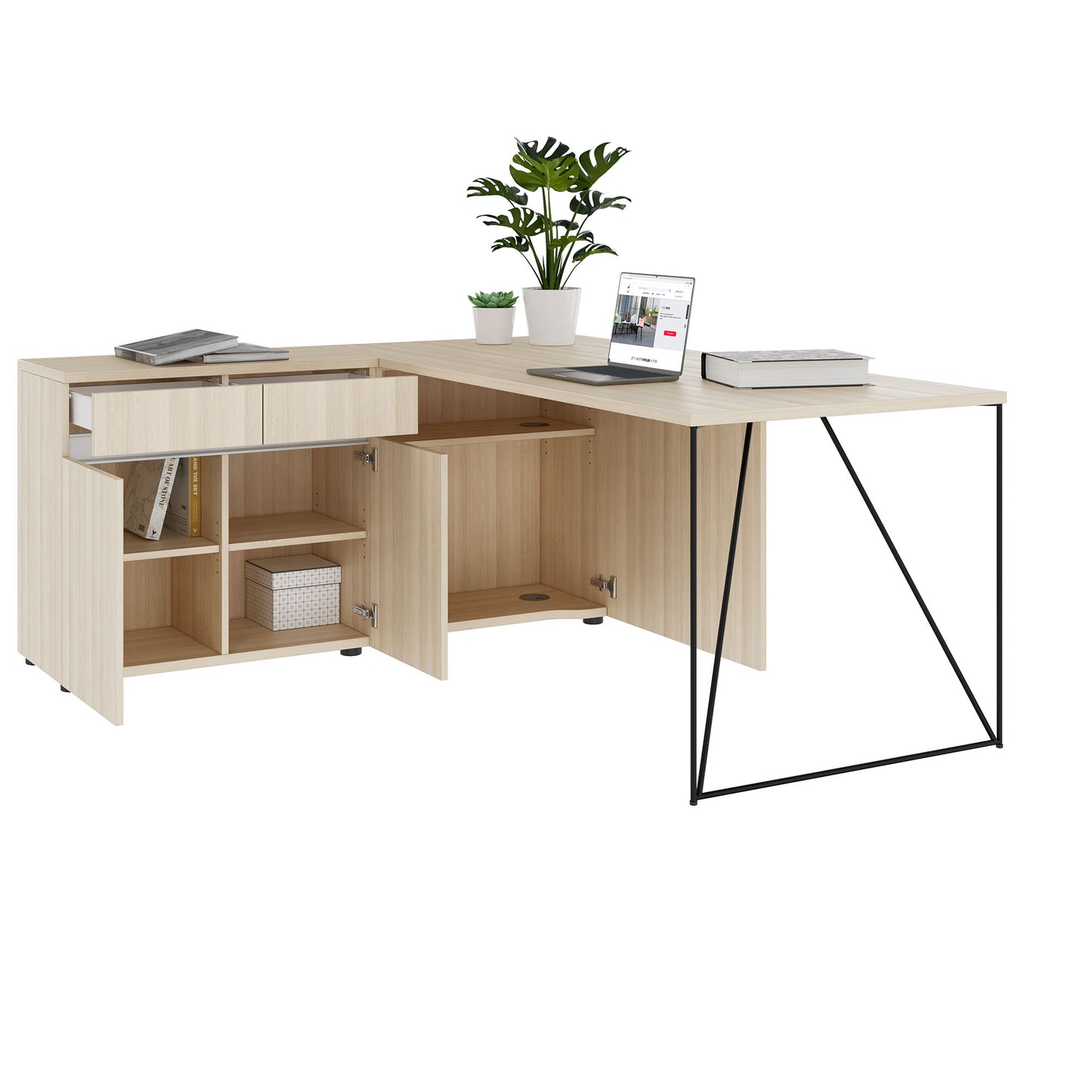 AIR desk | 1600 - 2000 mm, electrified, integrated sideboard, sand ash