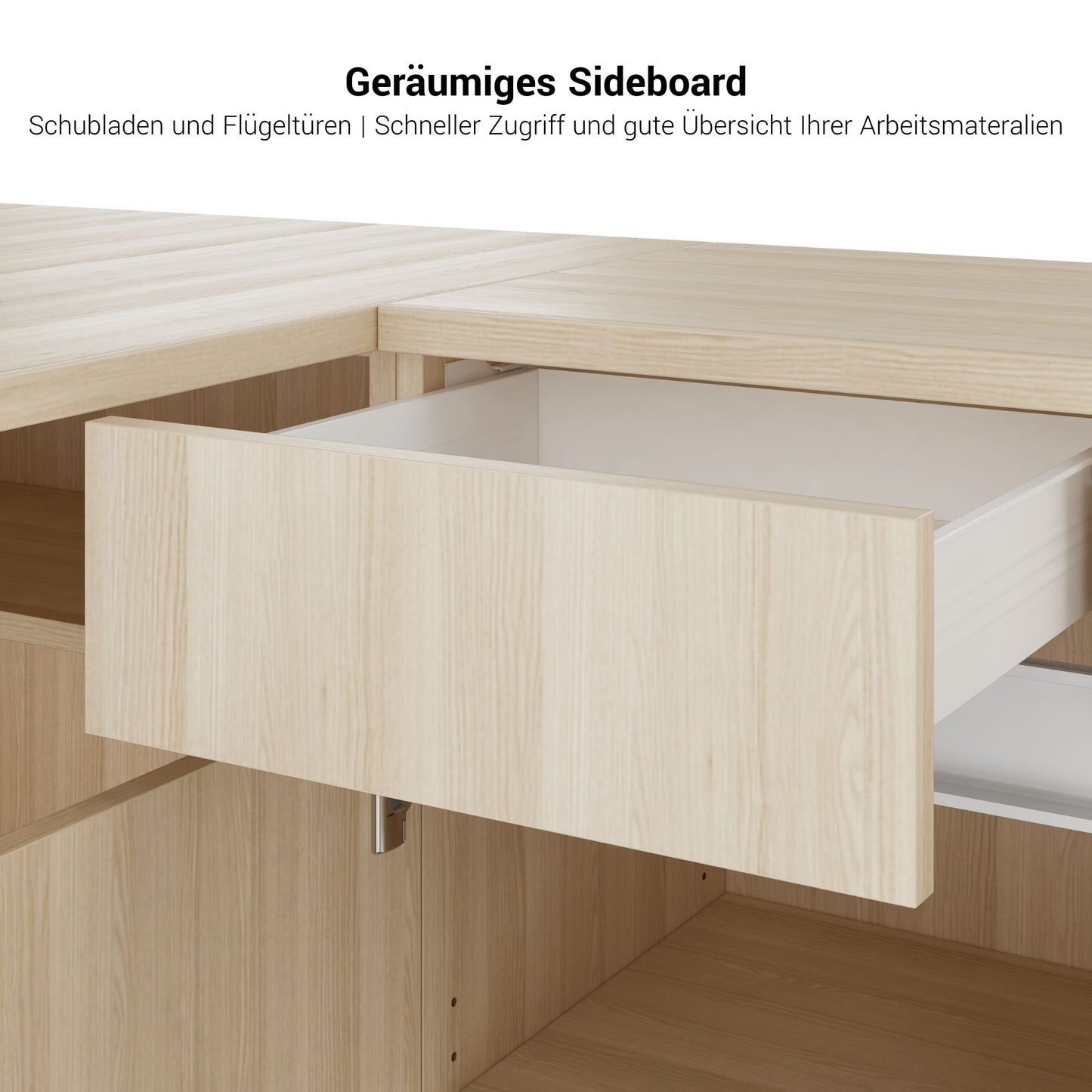 AIR Schreibtisch | 1600 - 2000 mm, elektrifiziert, integriertes Sideboard, Sandesche