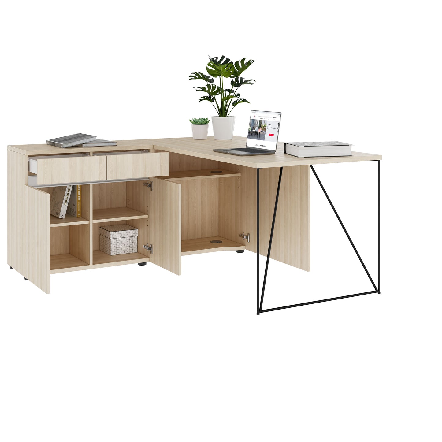 AIR desk | 1600 - 2000 mm, electrified, integrated sideboard, sand ash