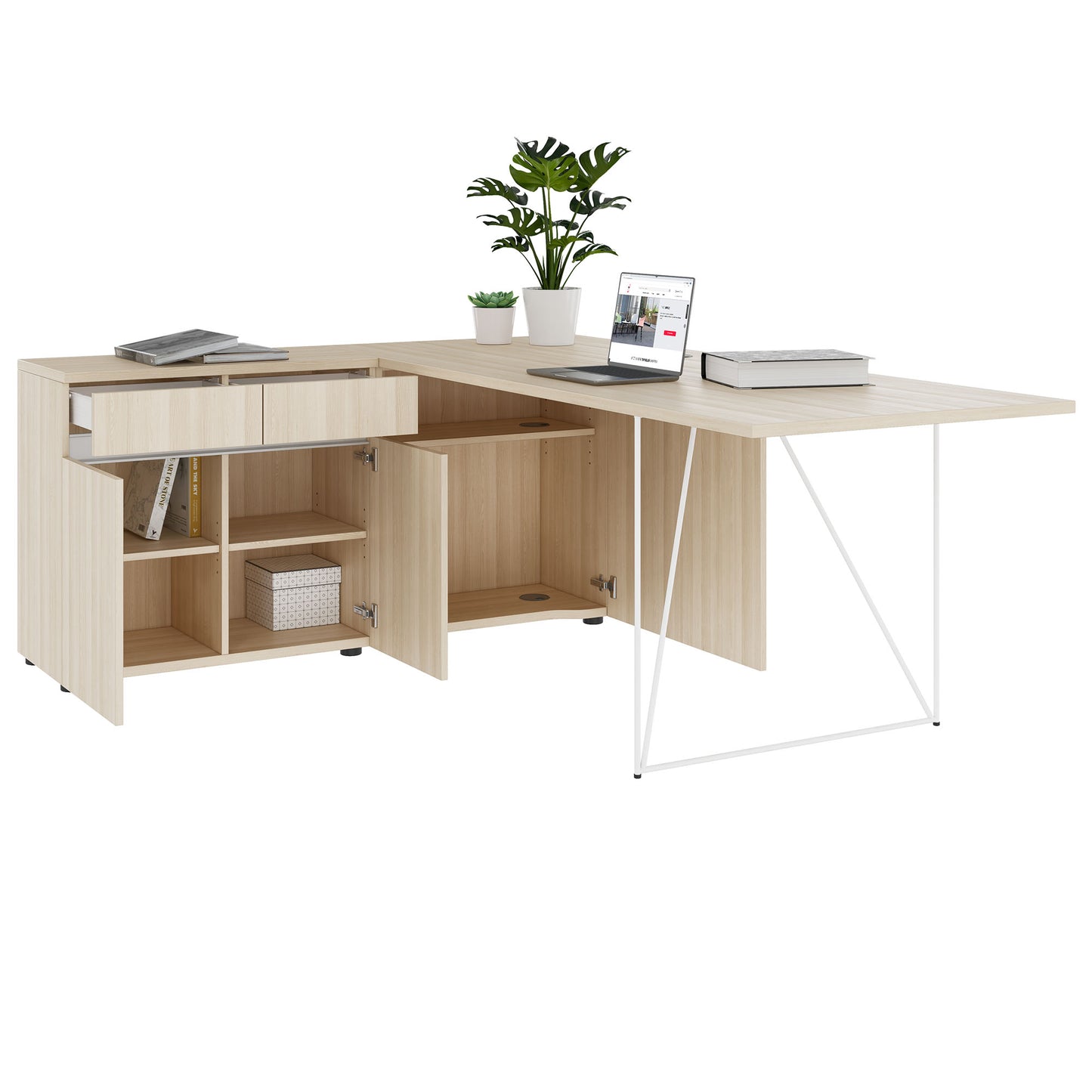 Bureau AIR | 1600 - 2000 mm, électrifié, buffet intégré, frêne sable