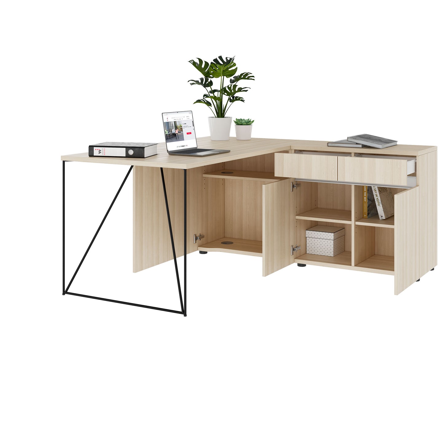 Bureau AIR | 1600 - 2000 mm, électrifié, buffet intégré, frêne sable