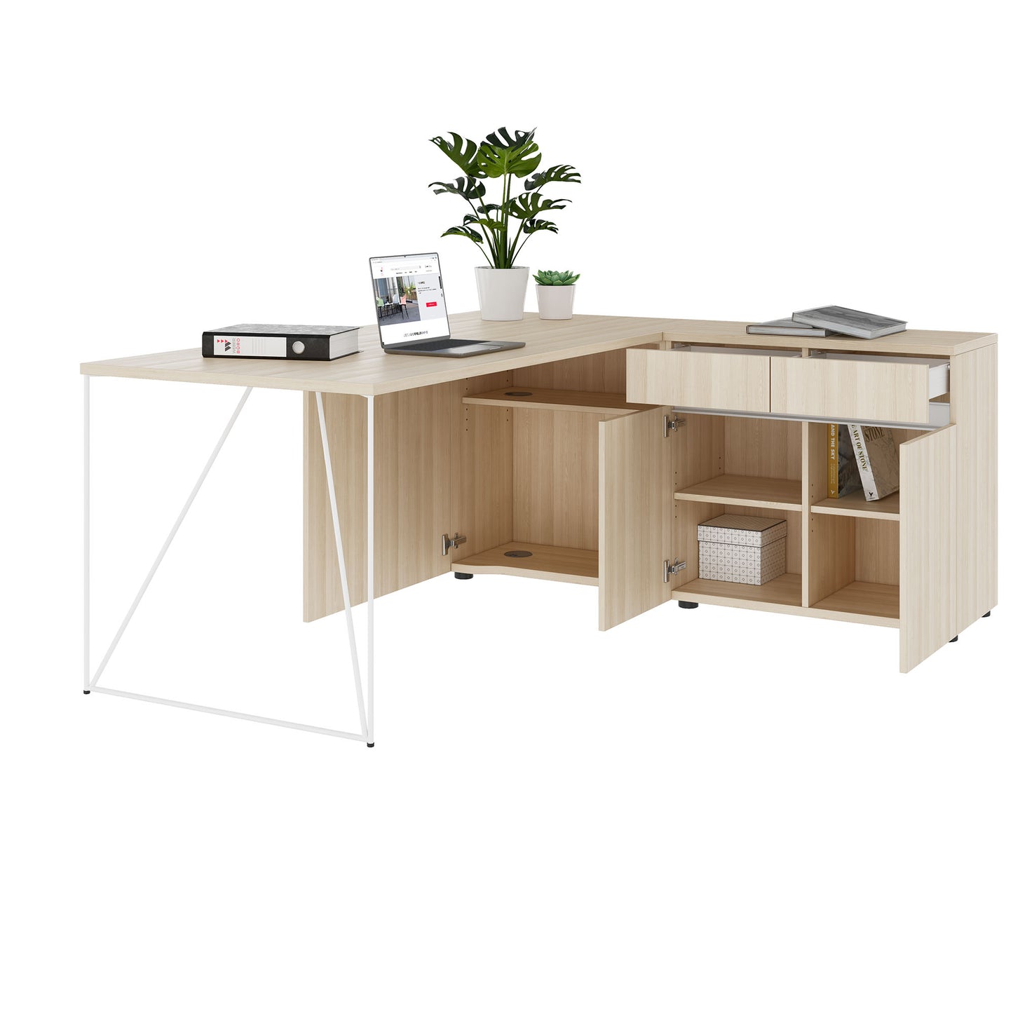 AIR desk | 1600 - 2000 mm, electrified, integrated sideboard, sand ash
