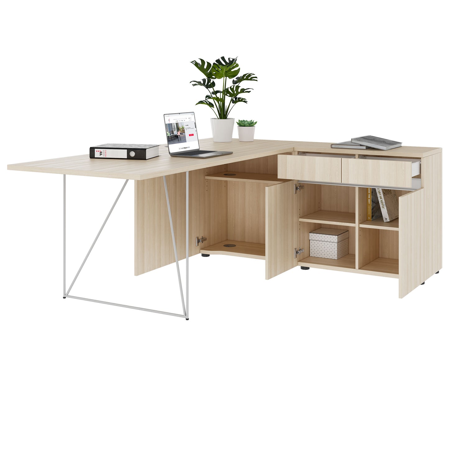 AIR desk | 1600 - 2000 mm, electrified, integrated sideboard, sand ash