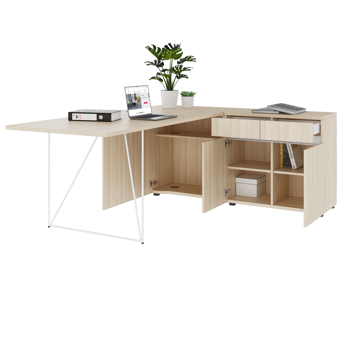 Bureau AIR | 1600 - 2000 mm, électrifié, buffet intégré, frêne sable