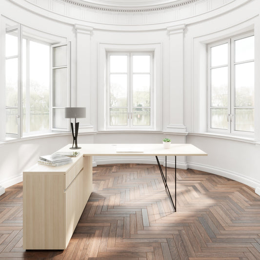 AIR desk | 1600 - 2000 mm, electrified, integrated sideboard, sand ash