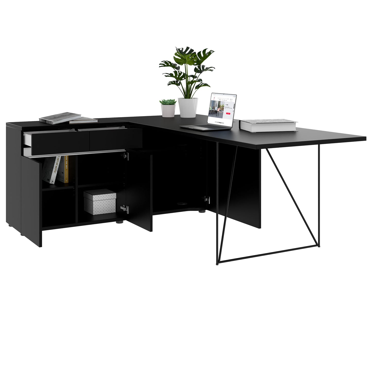 AIR desk | 1600 - 2000 mm, electrified, integrated sideboard, black