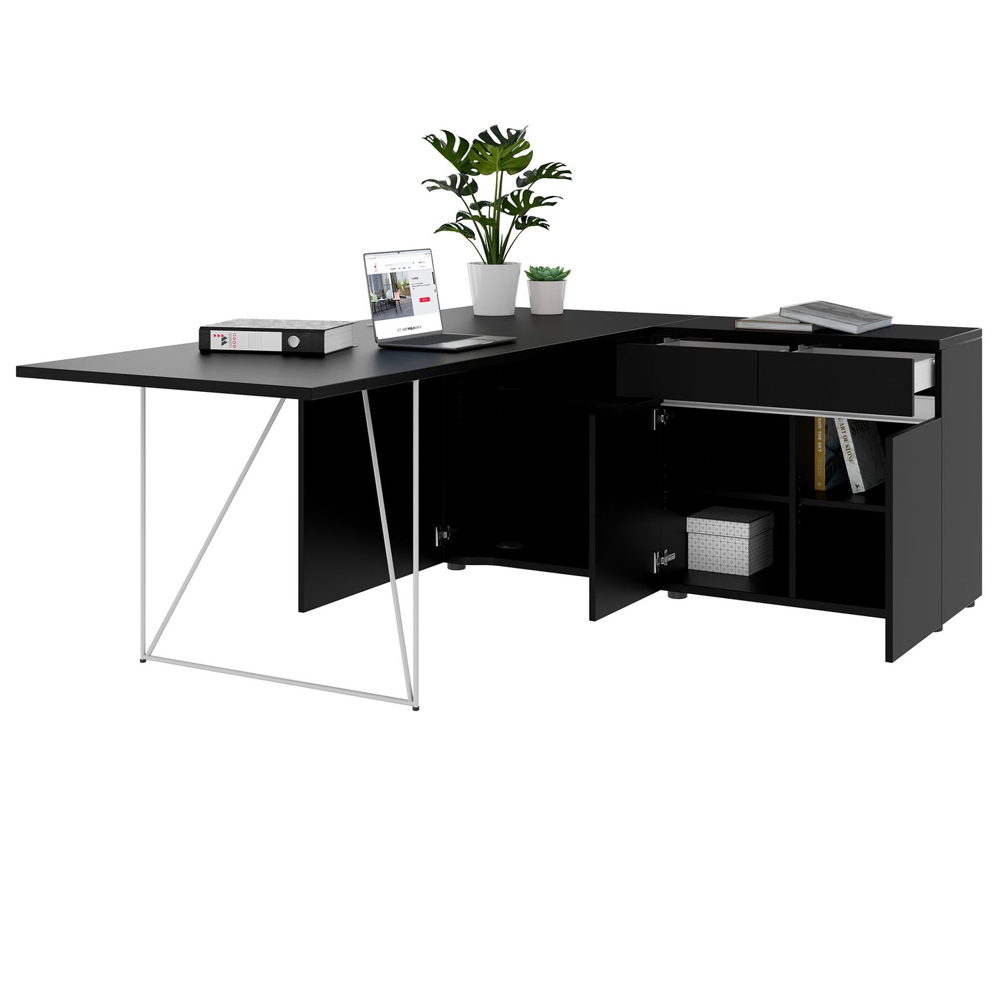 Bureau AIR | 1600 - 2000 mm, électrifié, buffet intégré, noir