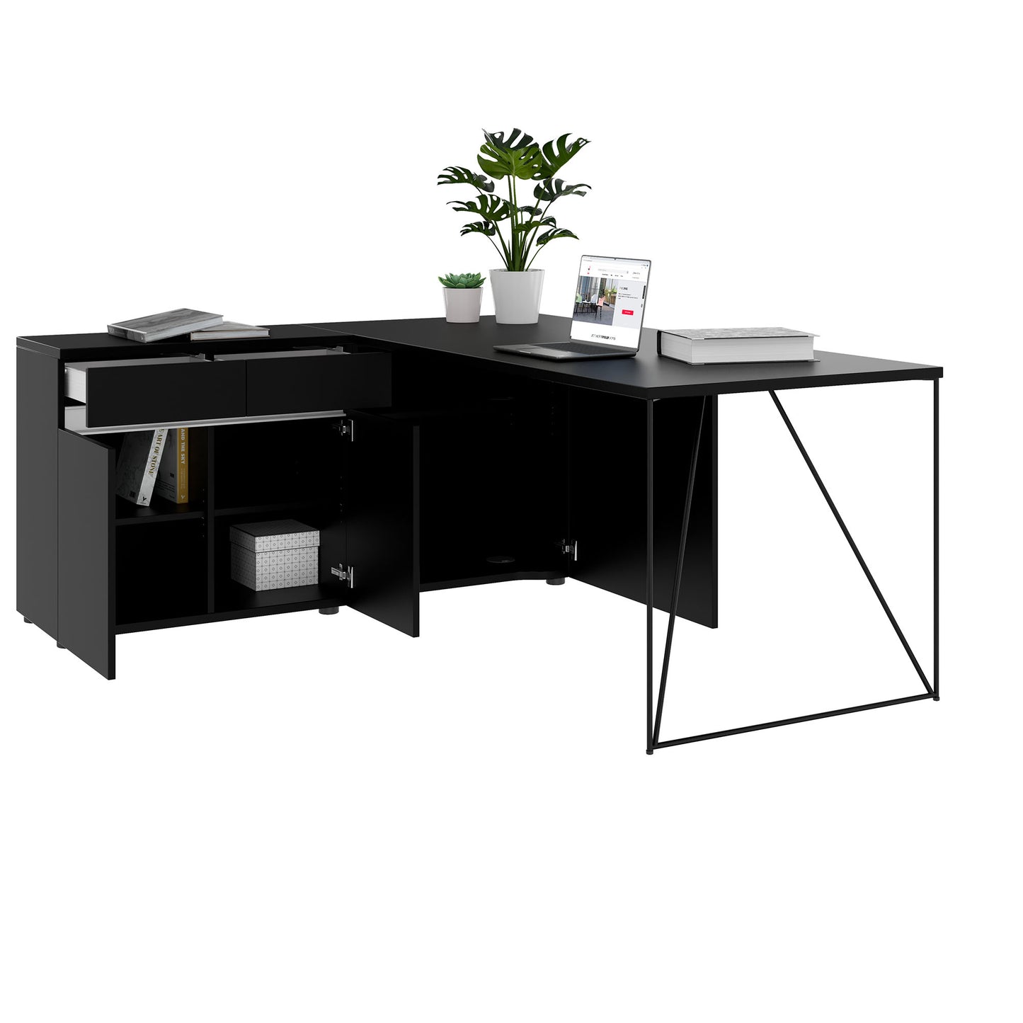 Bureau AIR | 1600 - 2000 mm, électrifié, buffet intégré, noir