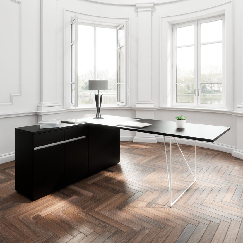 AIR desk | 1600 - 2000 mm, electrified, integrated sideboard, black