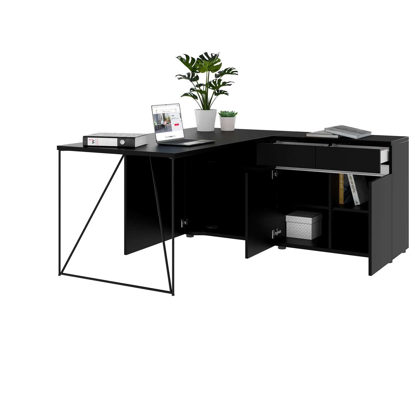 AIR desk | 1600 - 2000 mm, electrified, integrated sideboard, black