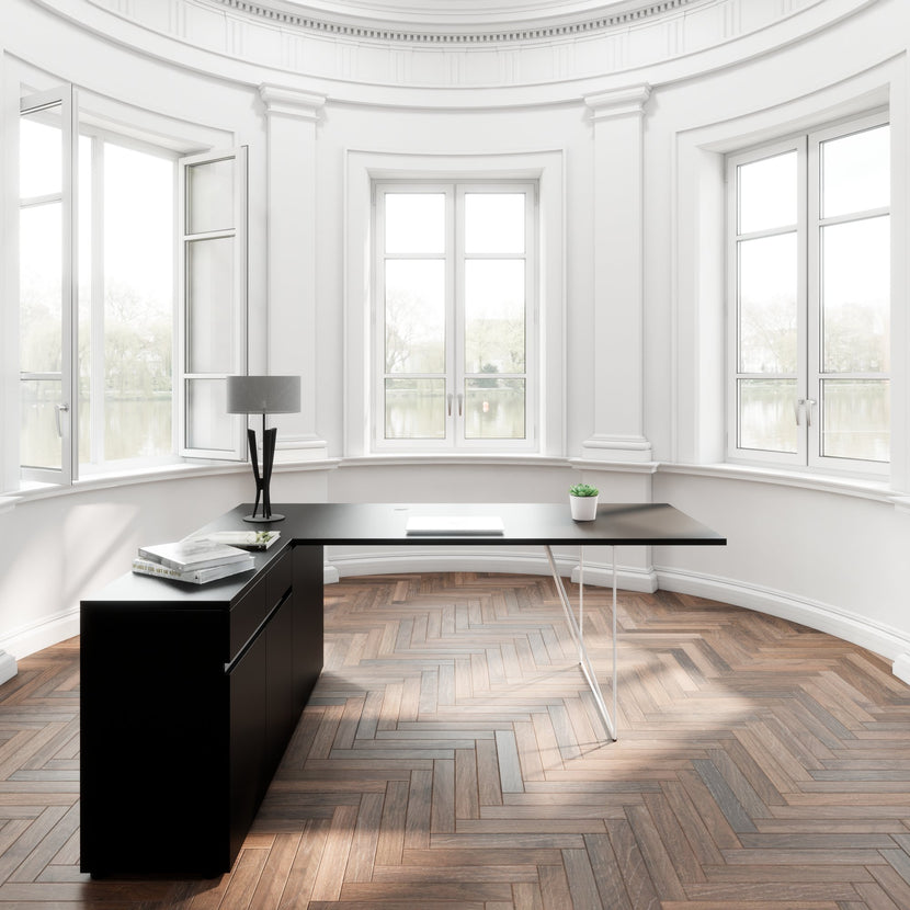 AIR desk | 1600 - 2000 mm, electrified, integrated sideboard, black