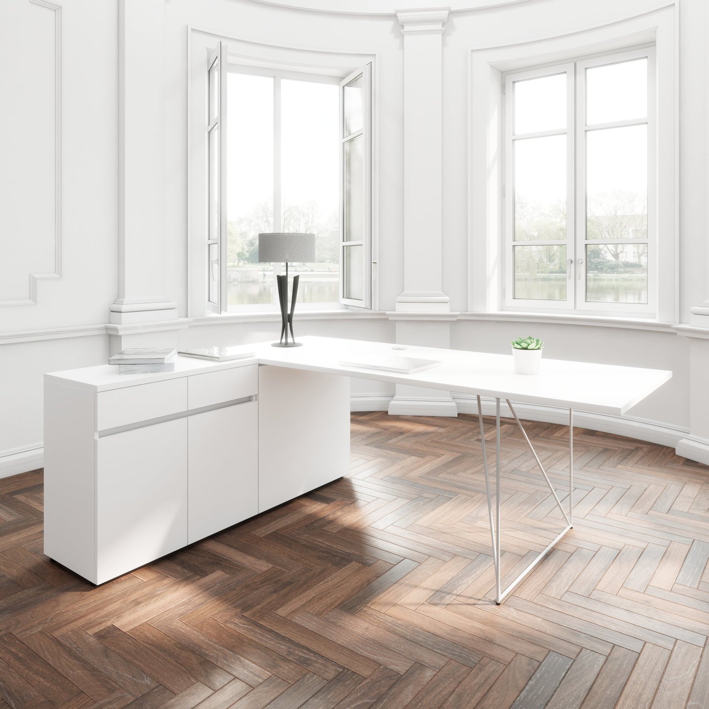 AIR Scrivania | 1600 - 2000 mm, credenza elettrificata, integrata, bianco