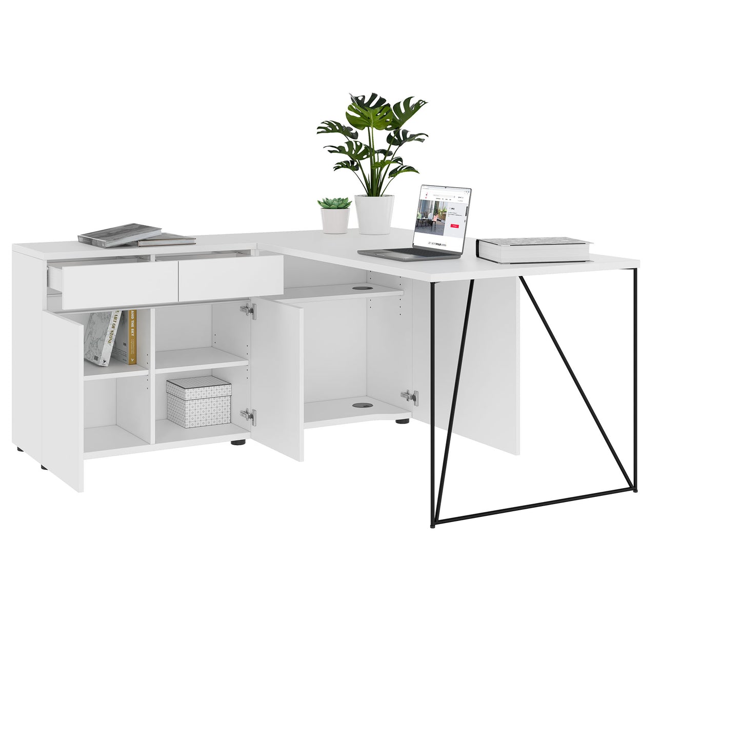 AIR Scrivania | 1600 - 2000 mm, credenza elettrificata, integrata, bianco
