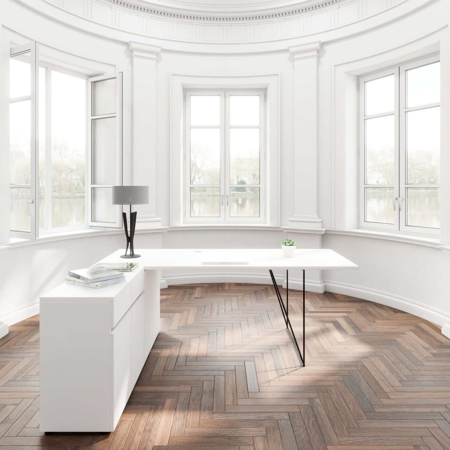 AIR Scrivania | 1600 - 2000 mm, credenza elettrificata, integrata, bianco