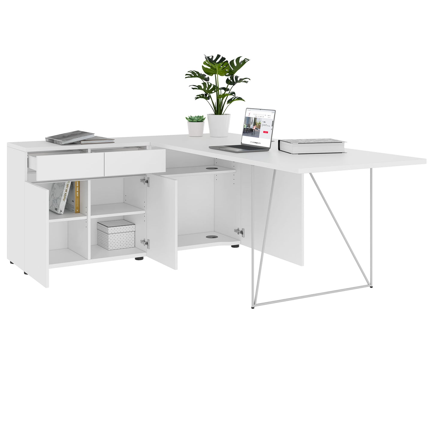 AIR Scrivania | 1600 - 2000 mm, credenza elettrificata, integrata, bianco