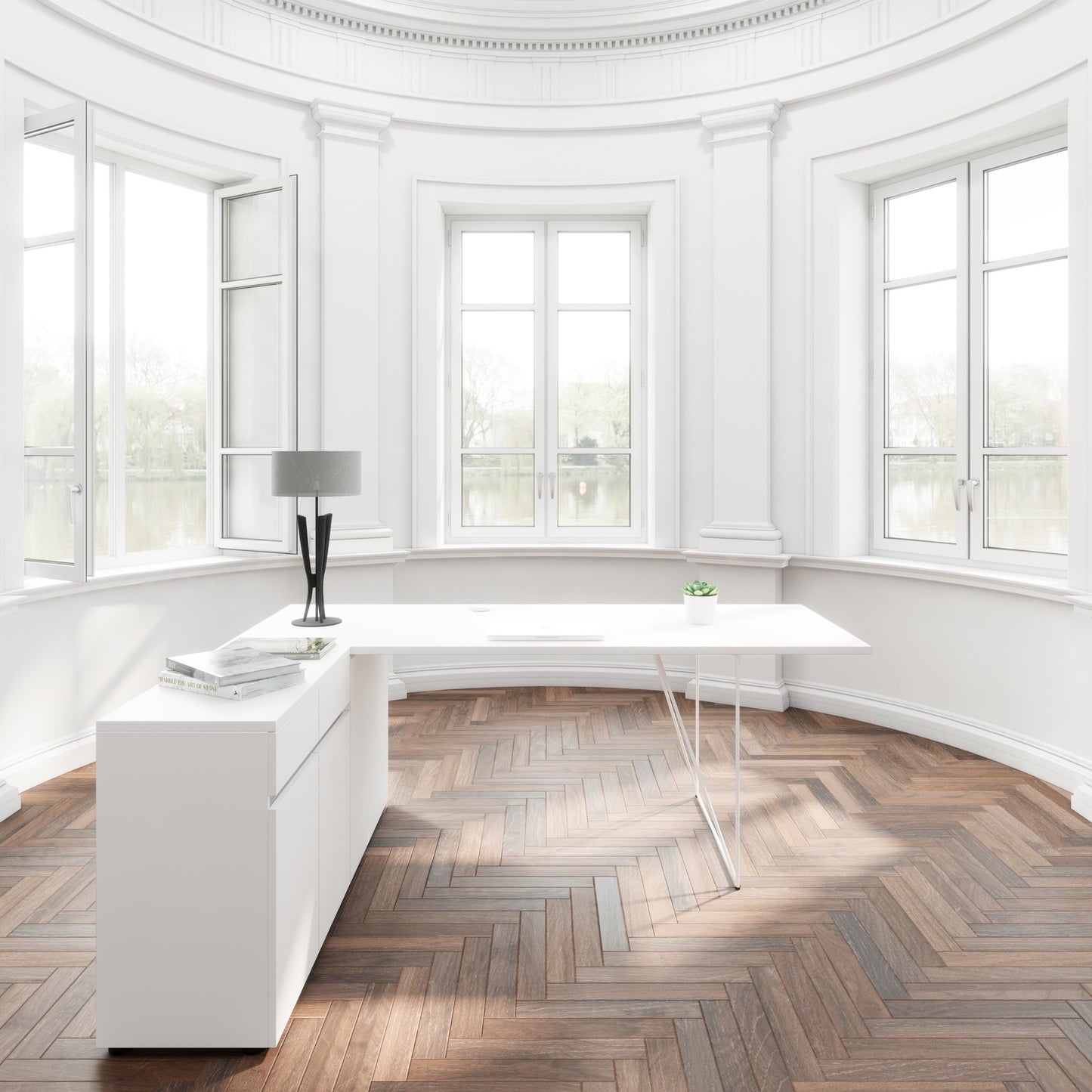 AIR Scrivania | 1600 - 2000 mm, credenza elettrificata, integrata, bianco
