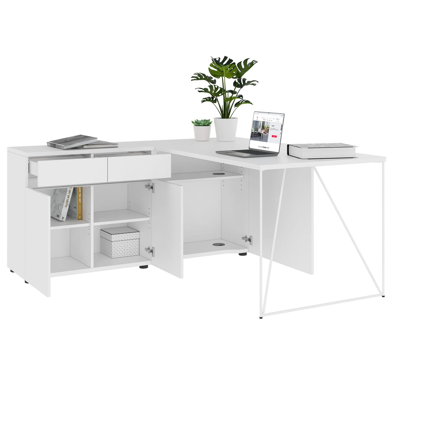 AIR Scrivania | 1600 - 2000 mm, credenza elettrificata, integrata, bianco