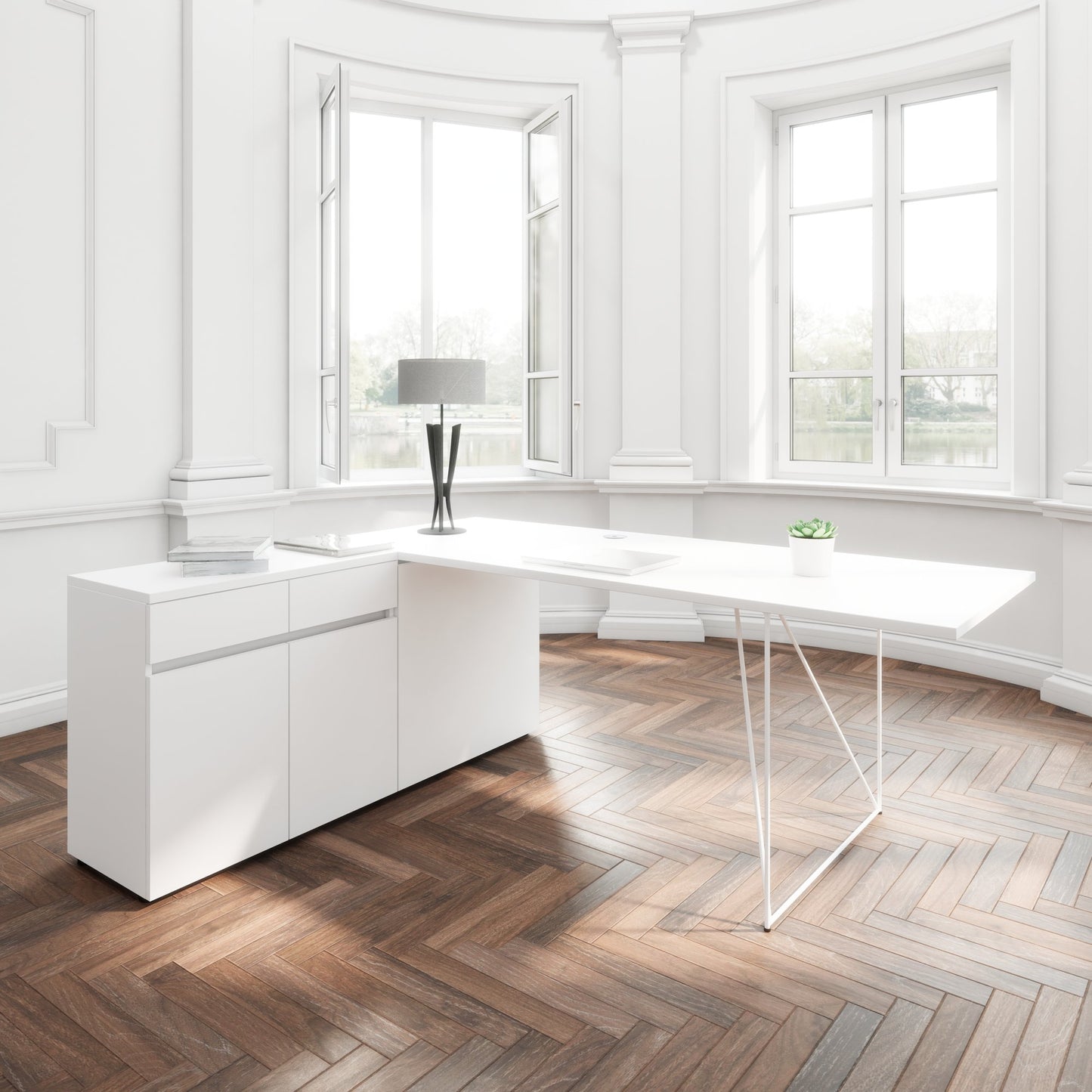 AIR Scrivania | 1600 - 2000 mm, credenza elettrificata, integrata, bianco