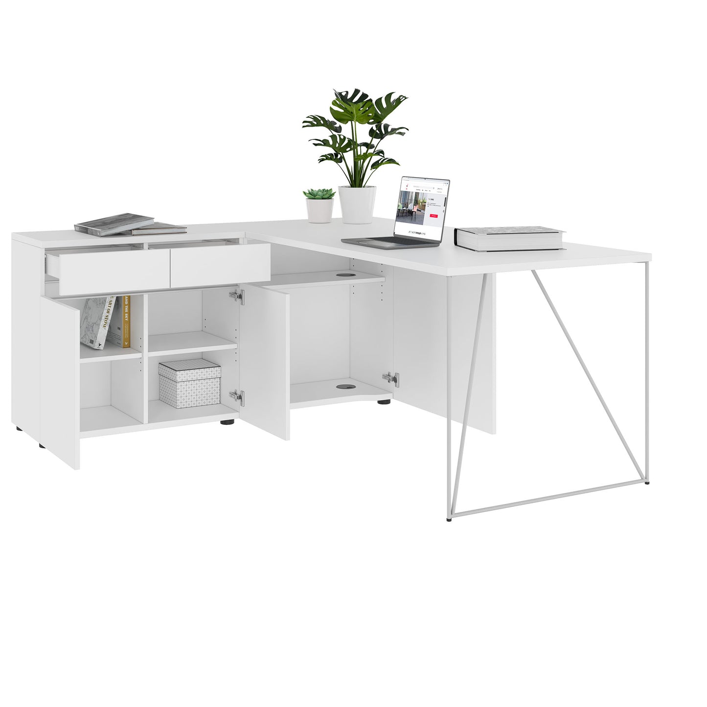 AIR Scrivania | 1600 - 2000 mm, credenza elettrificata, integrata, bianco