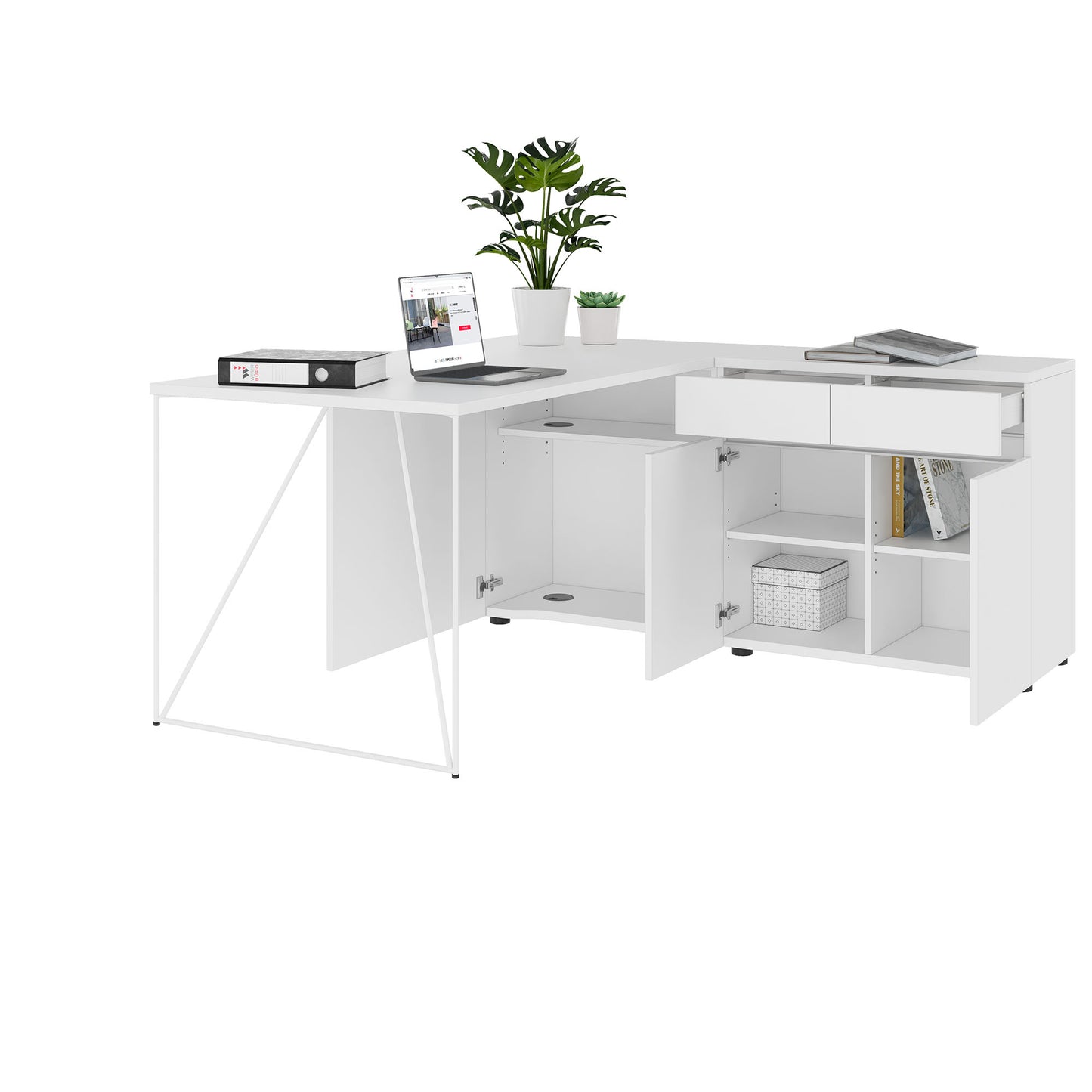 AIR Scrivania | 1600 - 2000 mm, credenza elettrificata, integrata, bianco
