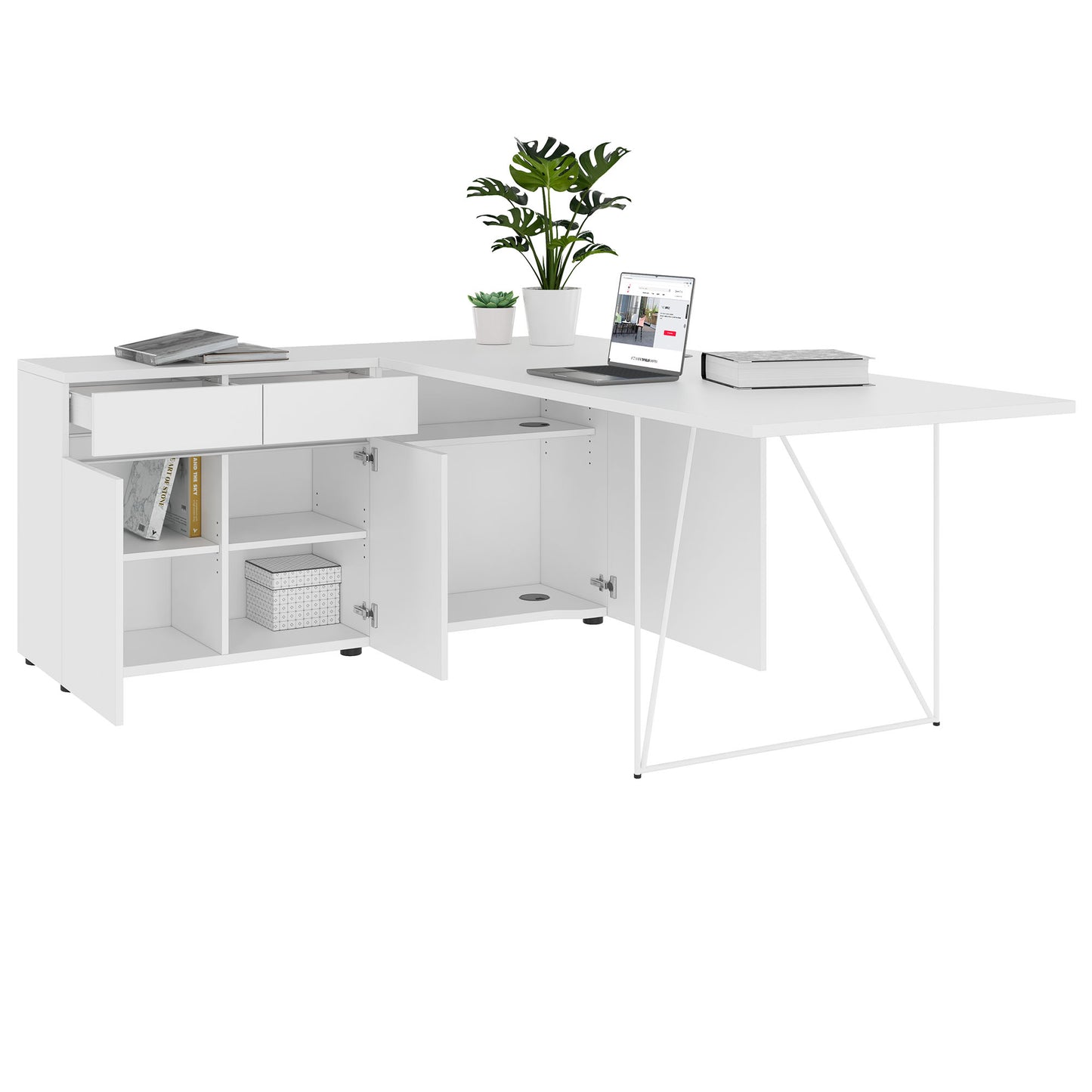 AIR Scrivania | 1600 - 2000 mm, credenza elettrificata, integrata, bianco