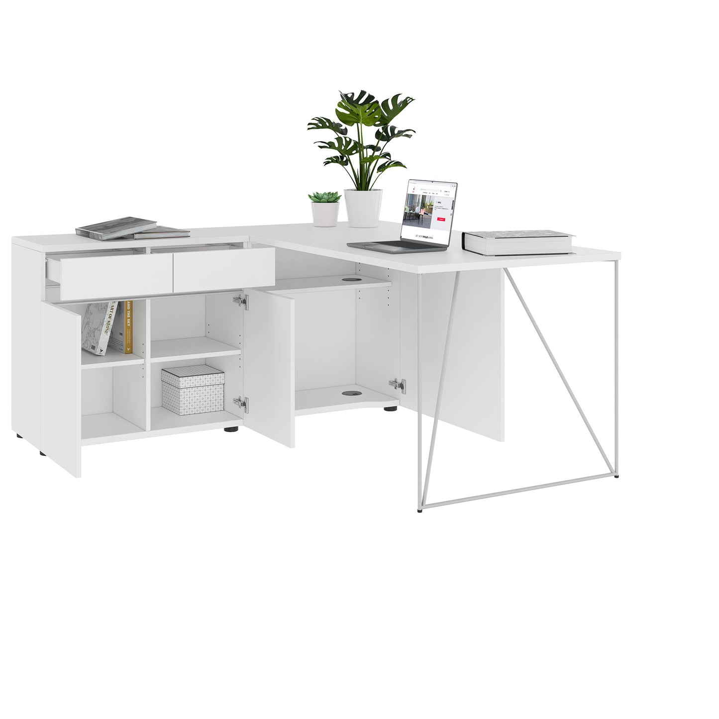 AIR Scrivania | 1600 - 2000 mm, credenza elettrificata, integrata, bianco