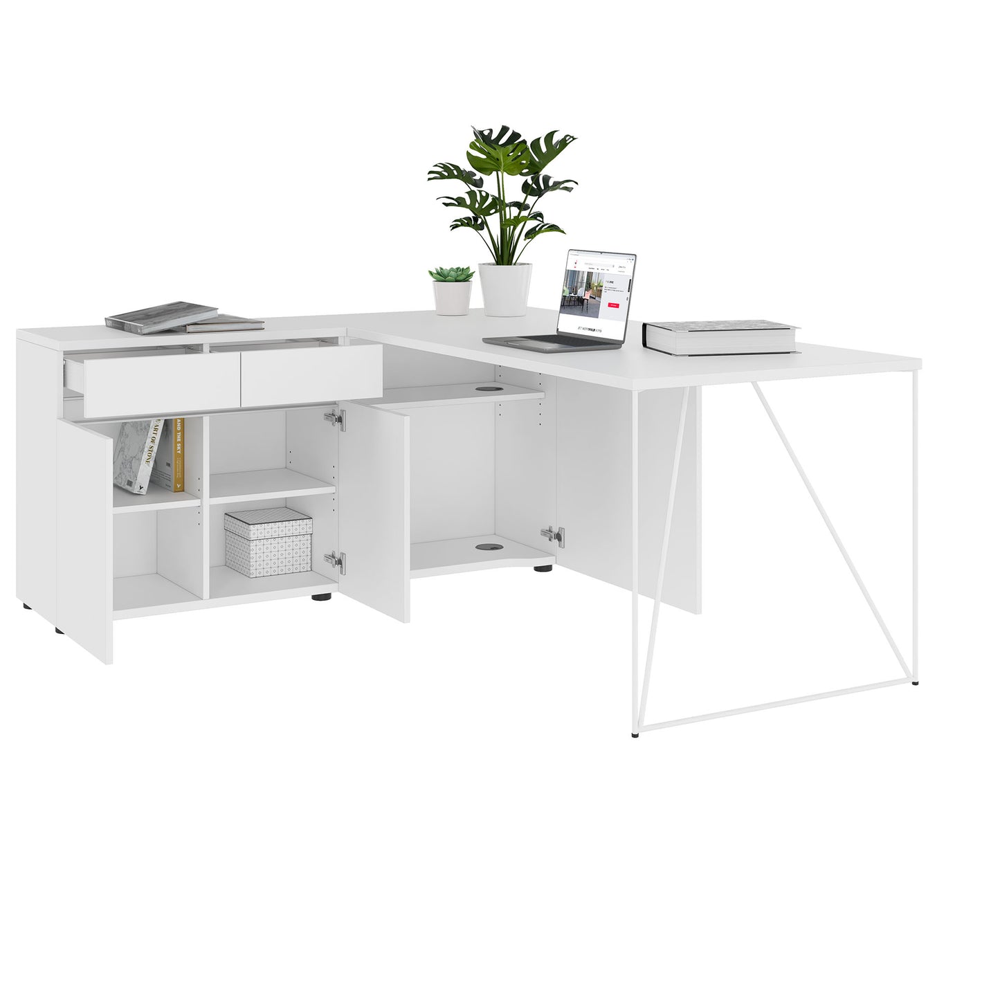 AIR Scrivania | 1600 - 2000 mm, credenza elettrificata, integrata, bianco