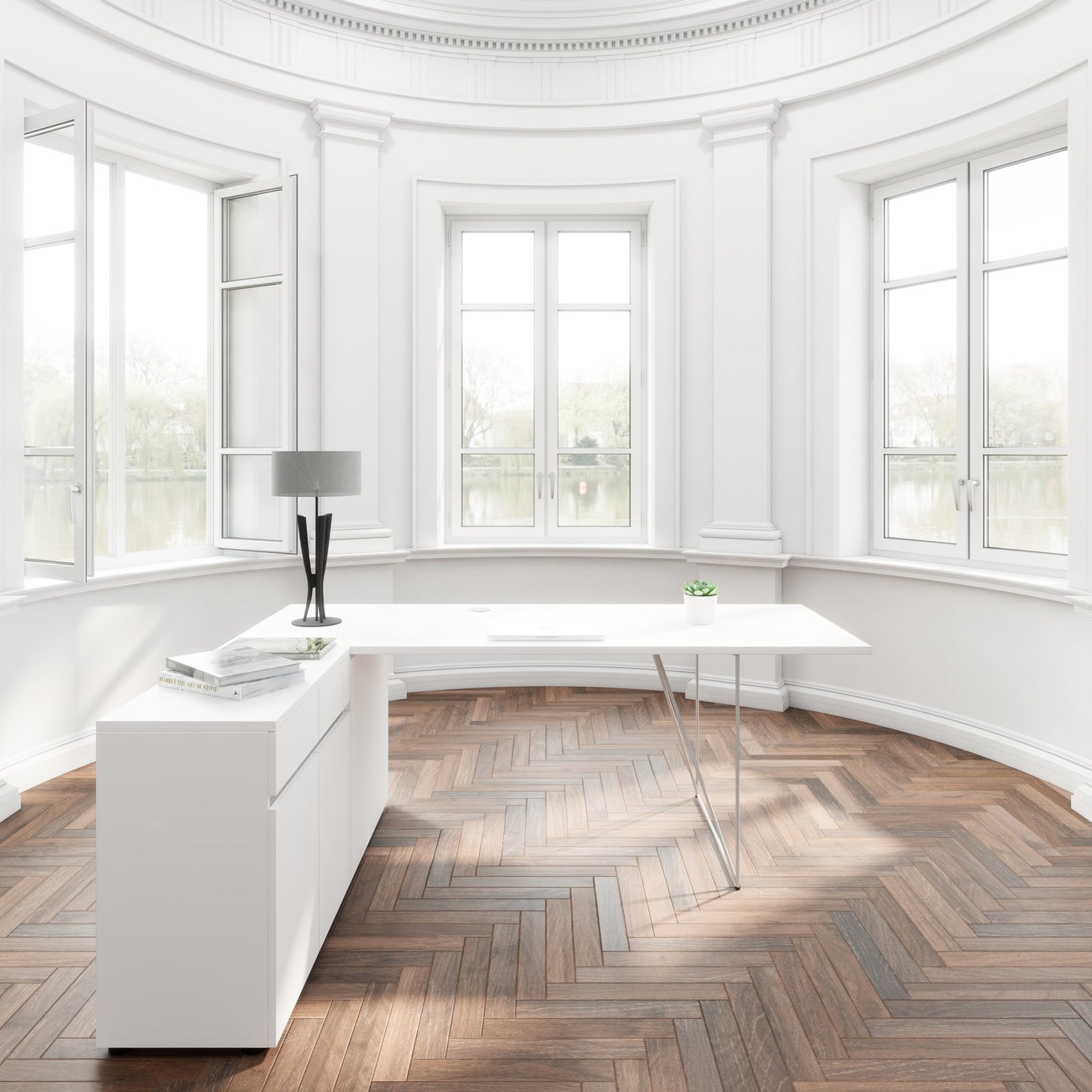 AIR Scrivania | 1600 - 2000 mm, credenza elettrificata, integrata, bianco
